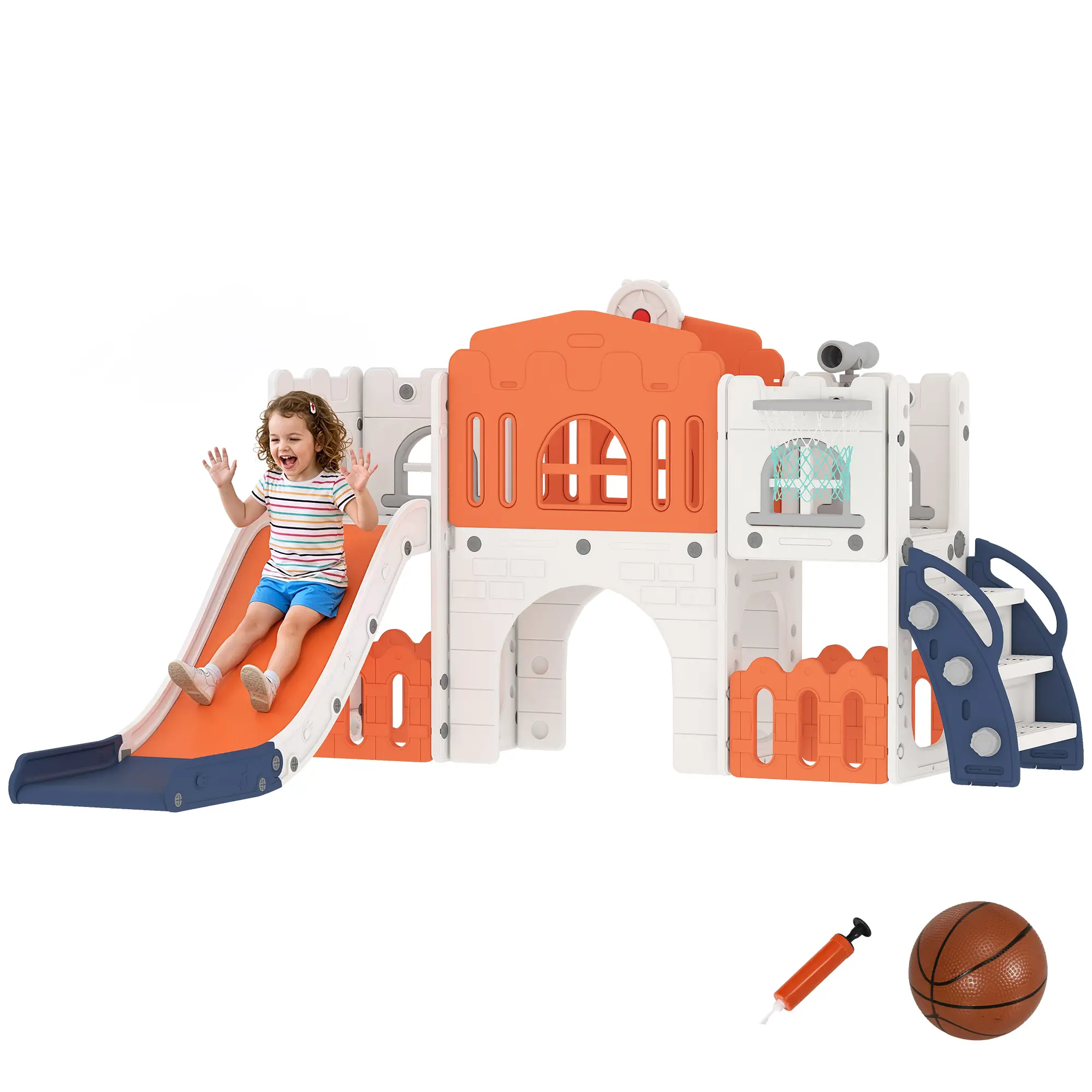 7 In 1 Toddler Slide, Basketball Hoop, Climber, Orange - Image 11