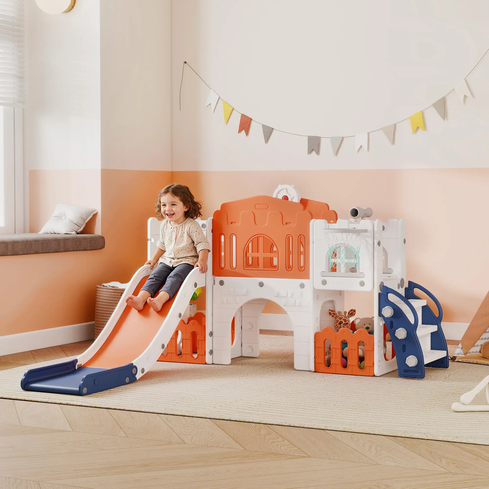 7 In 1 Toddler Slide, Basketball Hoop, Climber, Orange - Image 2