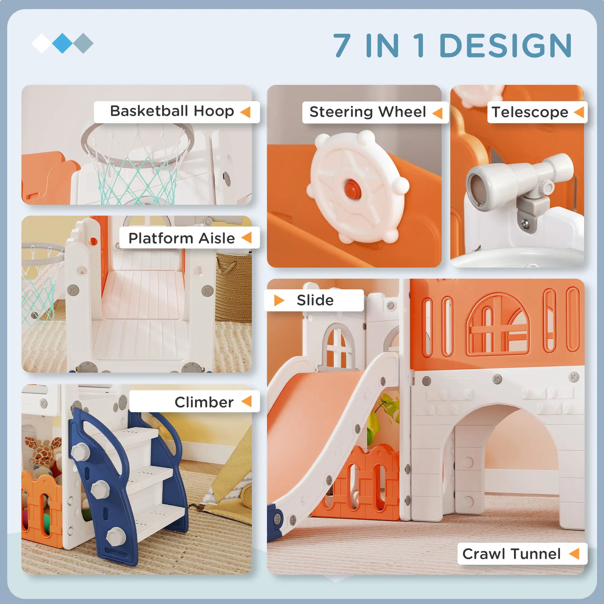 7 In 1 Toddler Slide, Basketball Hoop, Climber, Orange - Image 4