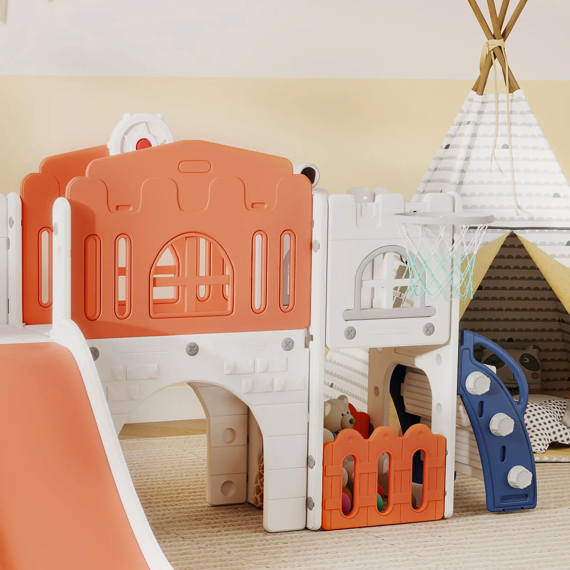 7 In 1 Toddler Slide, Basketball Hoop, Climber, Orange - Image 9