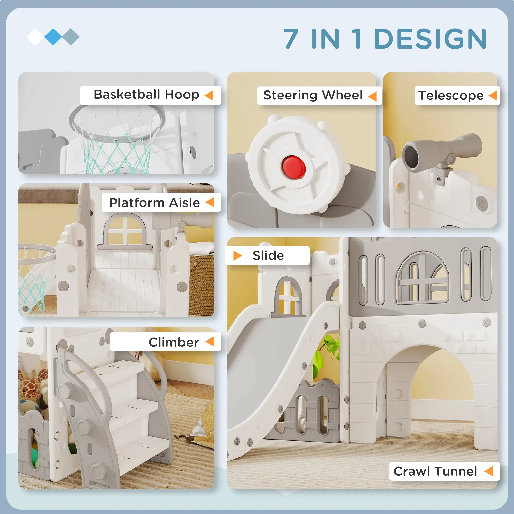 7-In-1 Toddler Slide With Basketball Hoop, Climber, Tunnel, Grey - Image 4