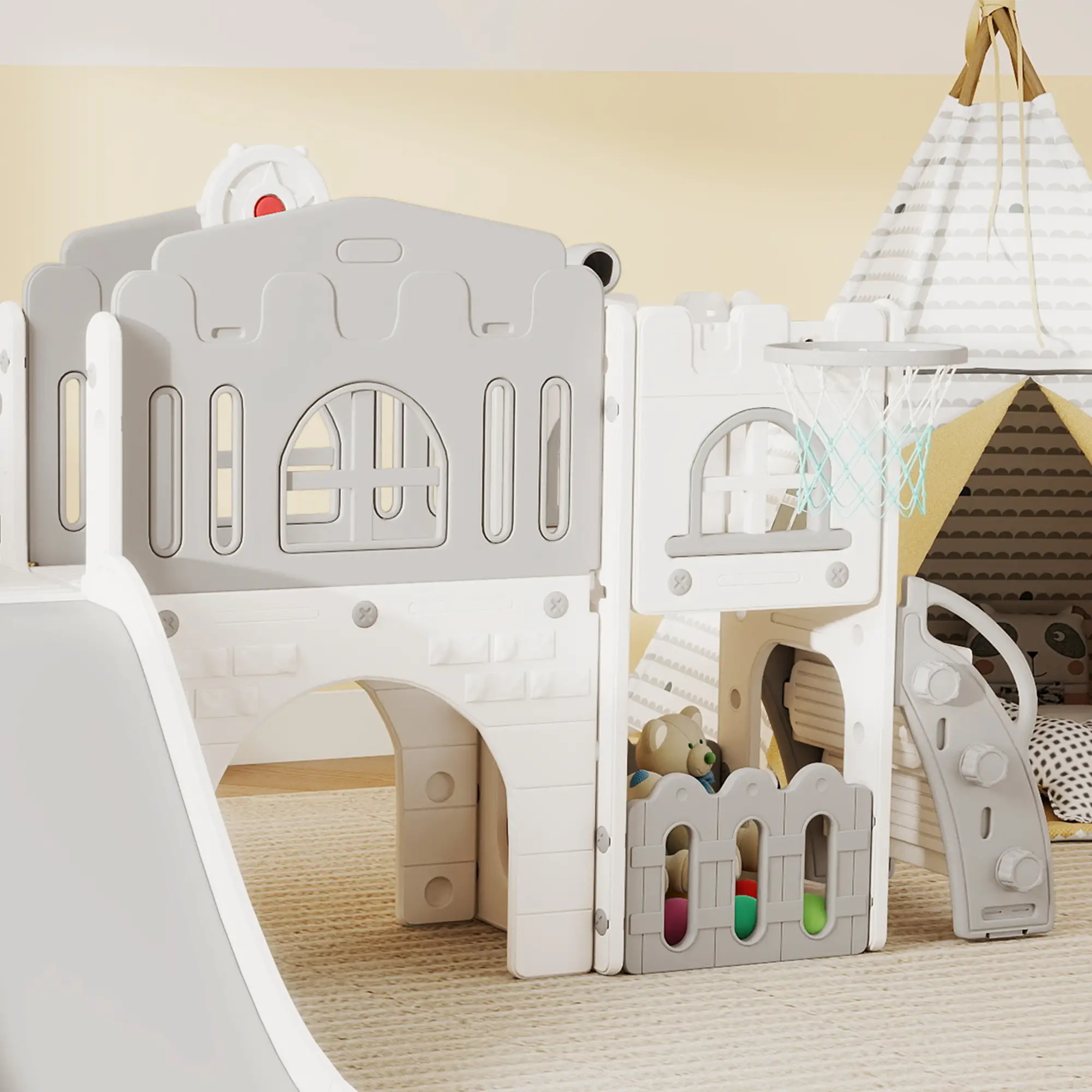 7-In-1 Toddler Slide With Basketball Hoop, Climber, Tunnel, Grey - Image 9