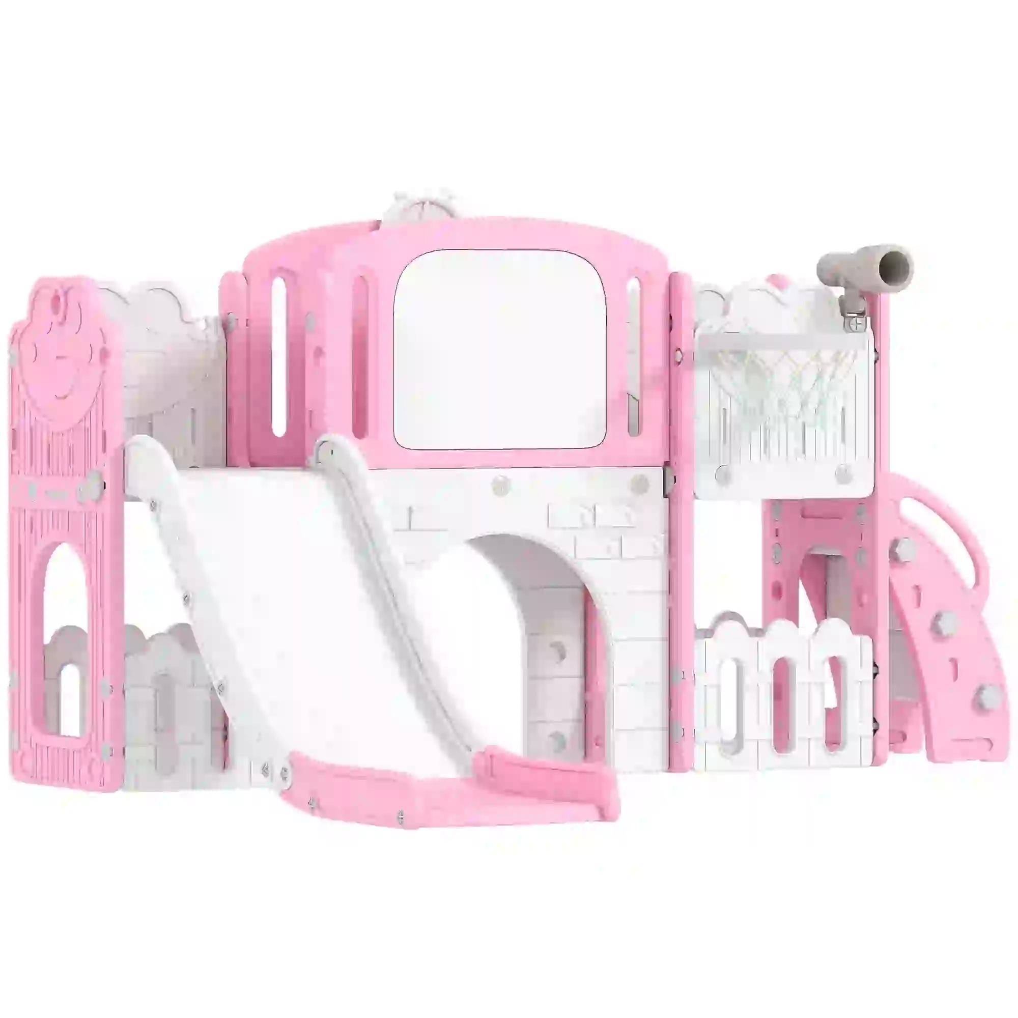 7 In 1 Toddler Slide With Basketball Hoop, Climbing Frame, Telescope, Drawing Board, Storage Box, Pink