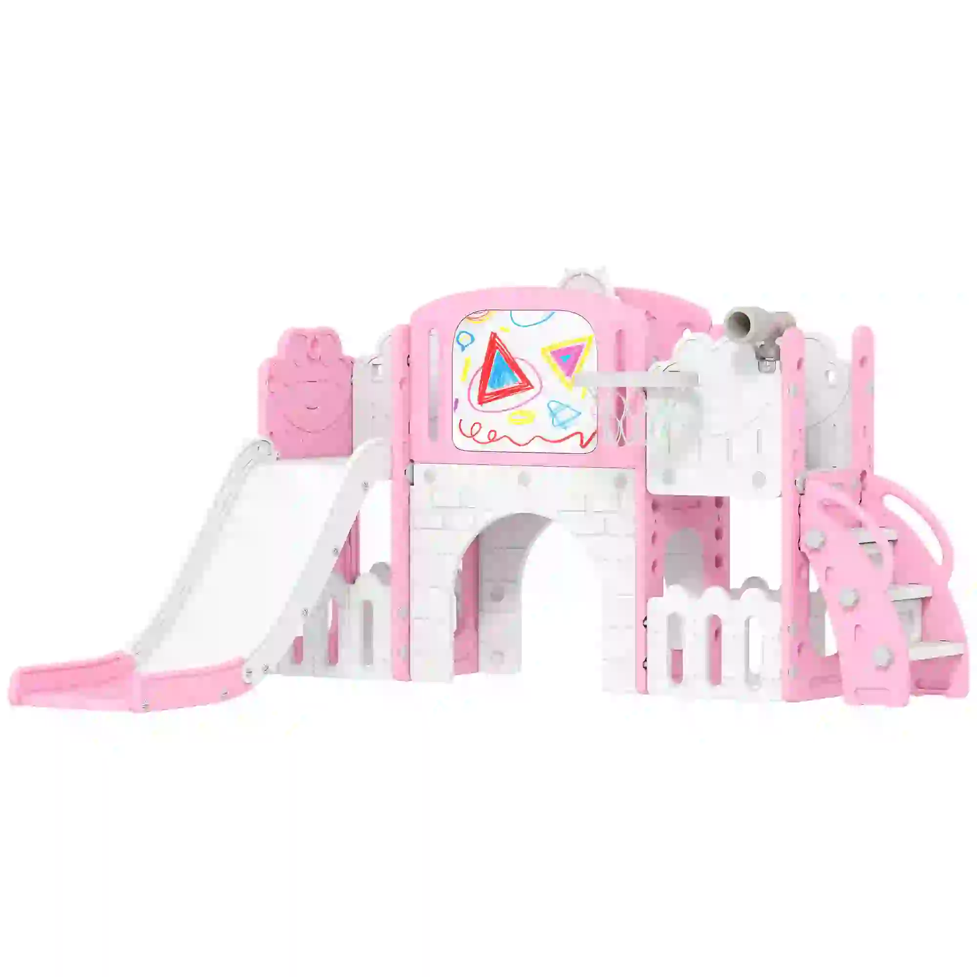 7 In 1 Toddler Slide With Basketball Hoop, Climbing Frame, Telescope, Drawing Board, Storage Box, Pink - Image 10