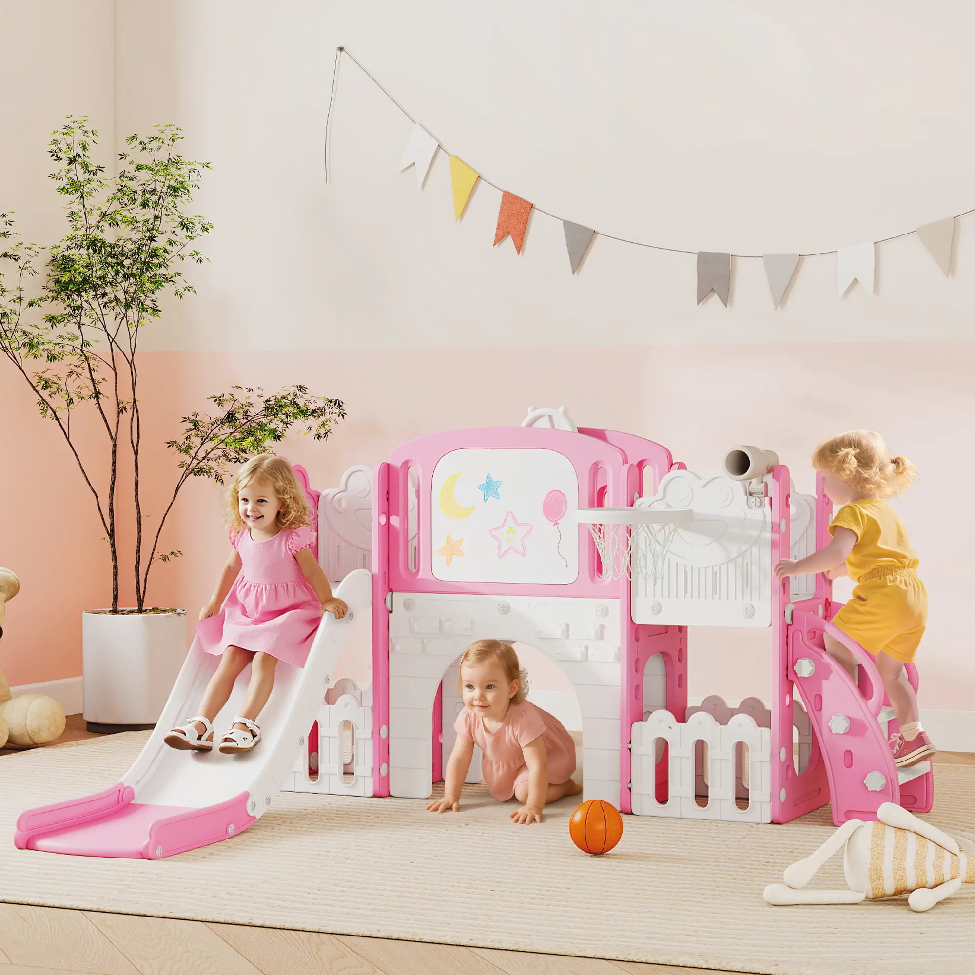 7 In 1 Toddler Slide With Basketball Hoop, Climbing Frame, Telescope, Drawing Board, Storage Box, Pink - Image 2