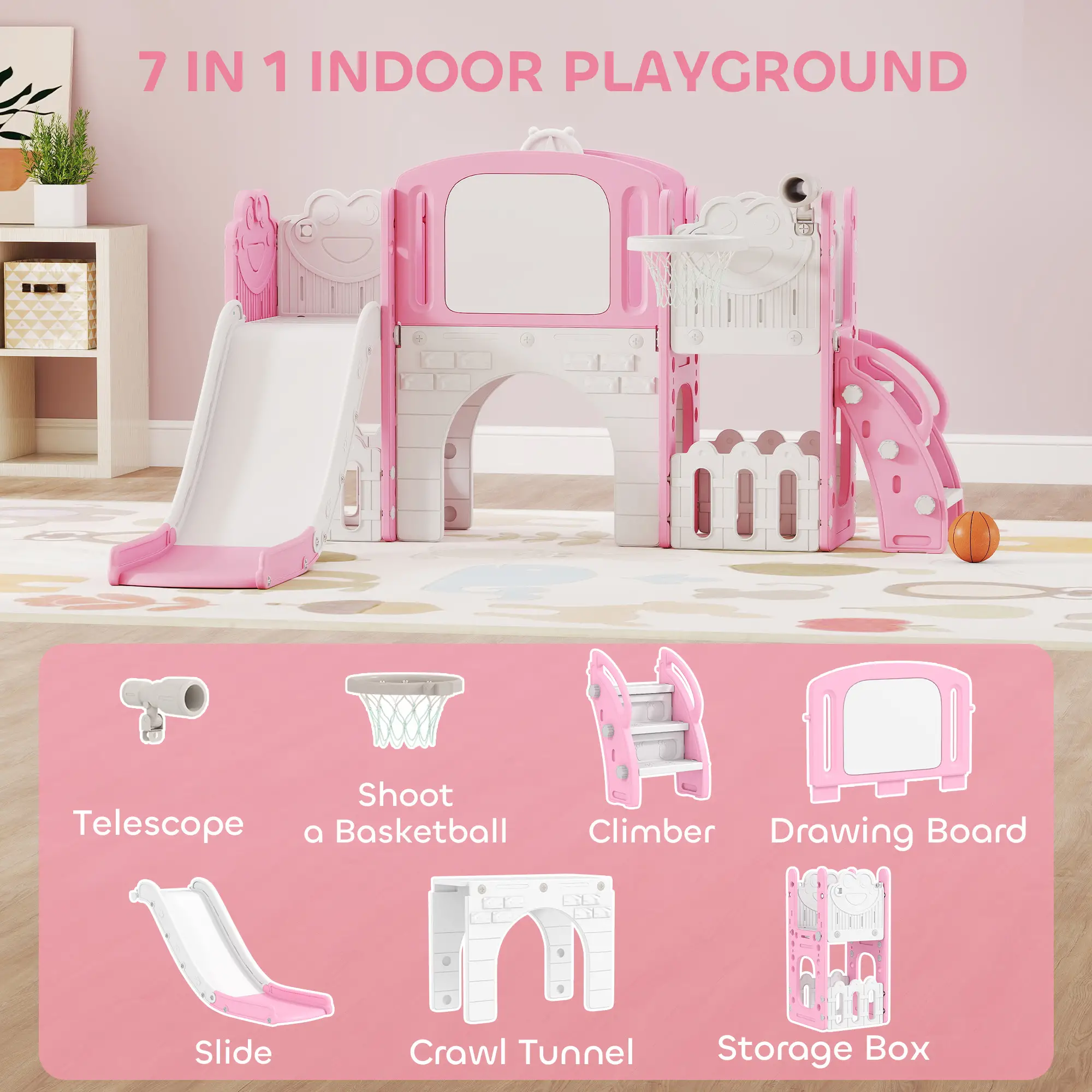 7 In 1 Toddler Slide With Basketball Hoop, Climbing Frame, Telescope, Drawing Board, Storage Box, Pink - Image 4
