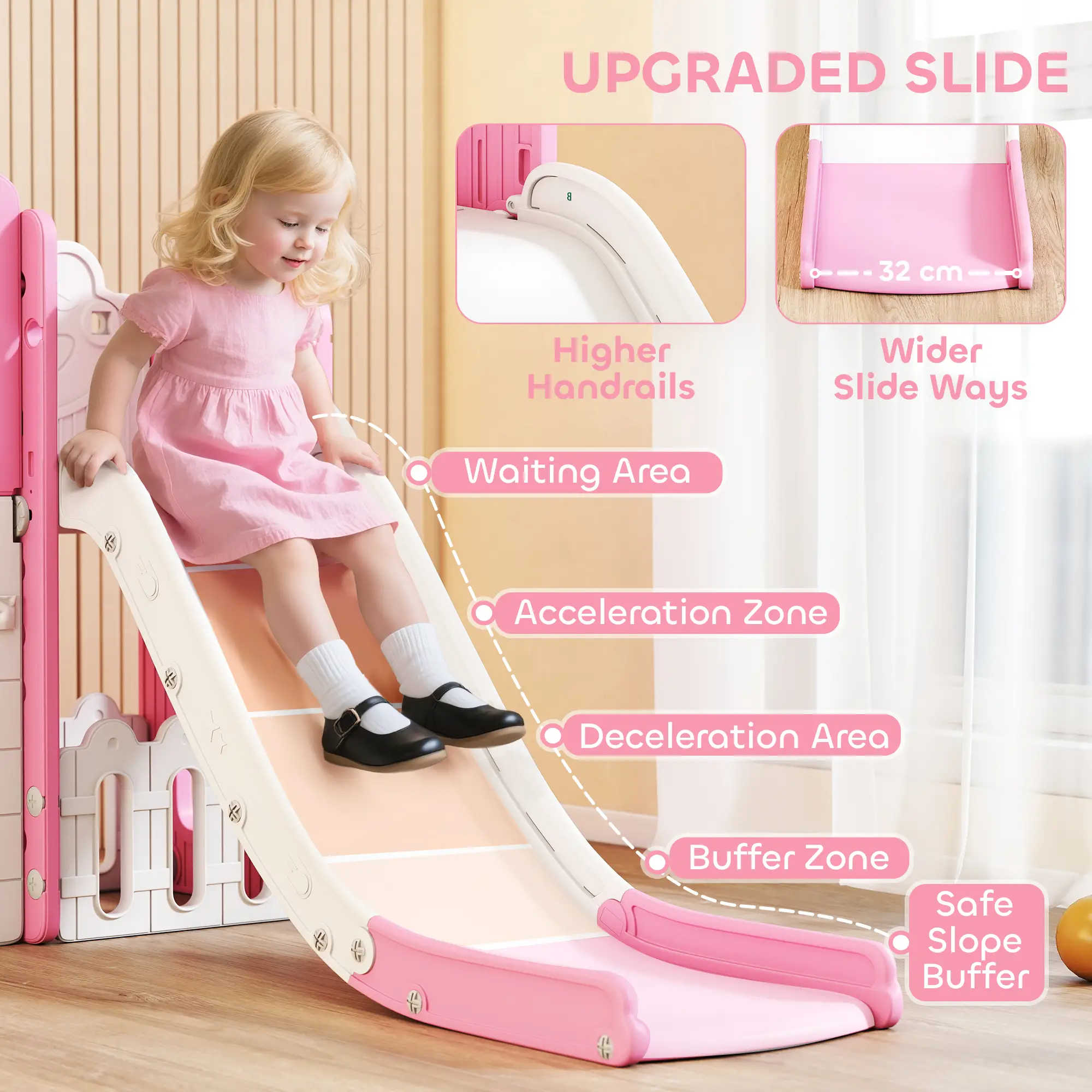 7 In 1 Toddler Slide With Basketball Hoop, Climbing Frame, Telescope, Drawing Board, Storage Box, Pink - Image 5