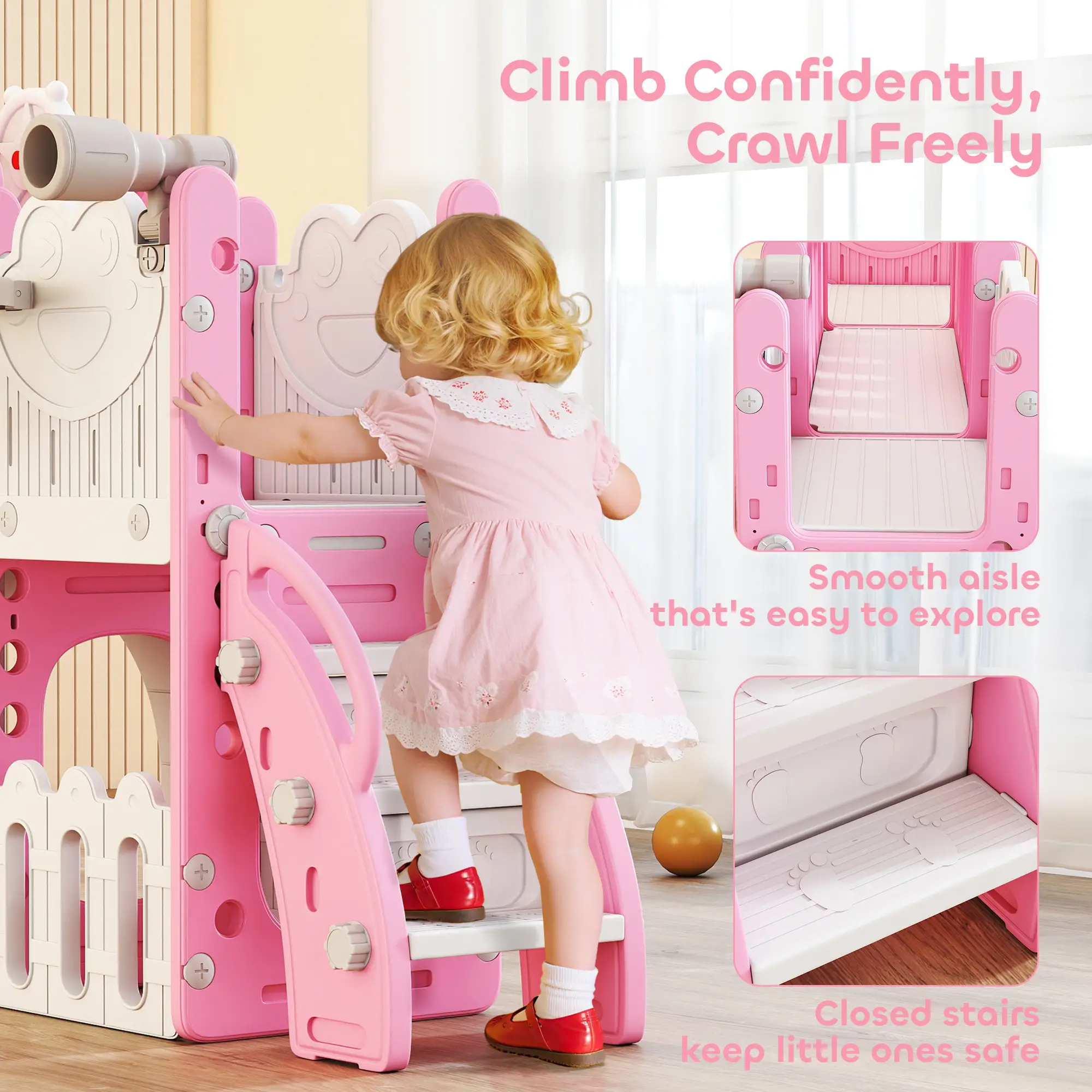 7 In 1 Toddler Slide With Basketball Hoop, Climbing Frame, Telescope, Drawing Board, Storage Box, Pink - Image 7