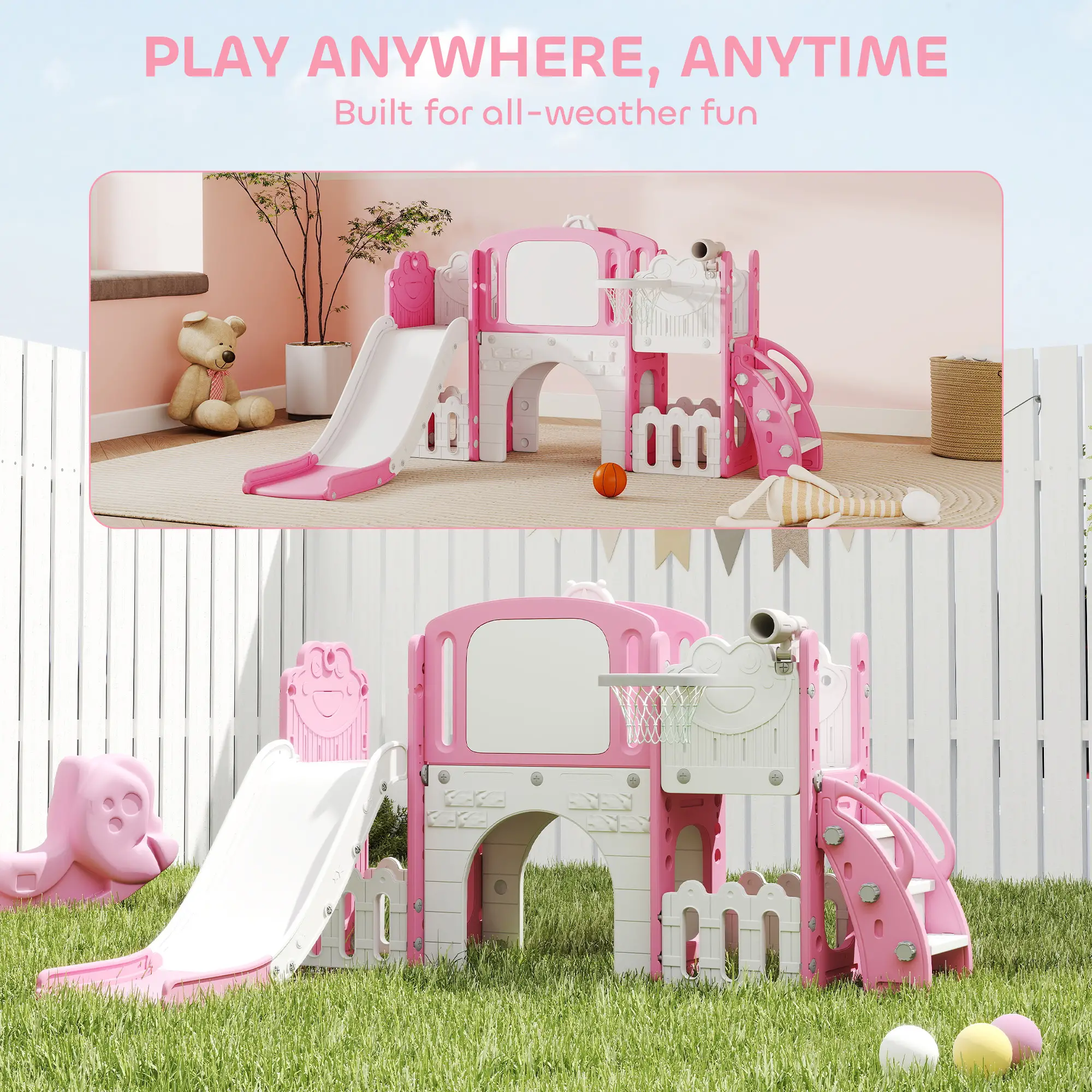 7 In 1 Toddler Slide With Basketball Hoop, Climbing Frame, Telescope, Drawing Board, Storage Box, Pink - Image 8