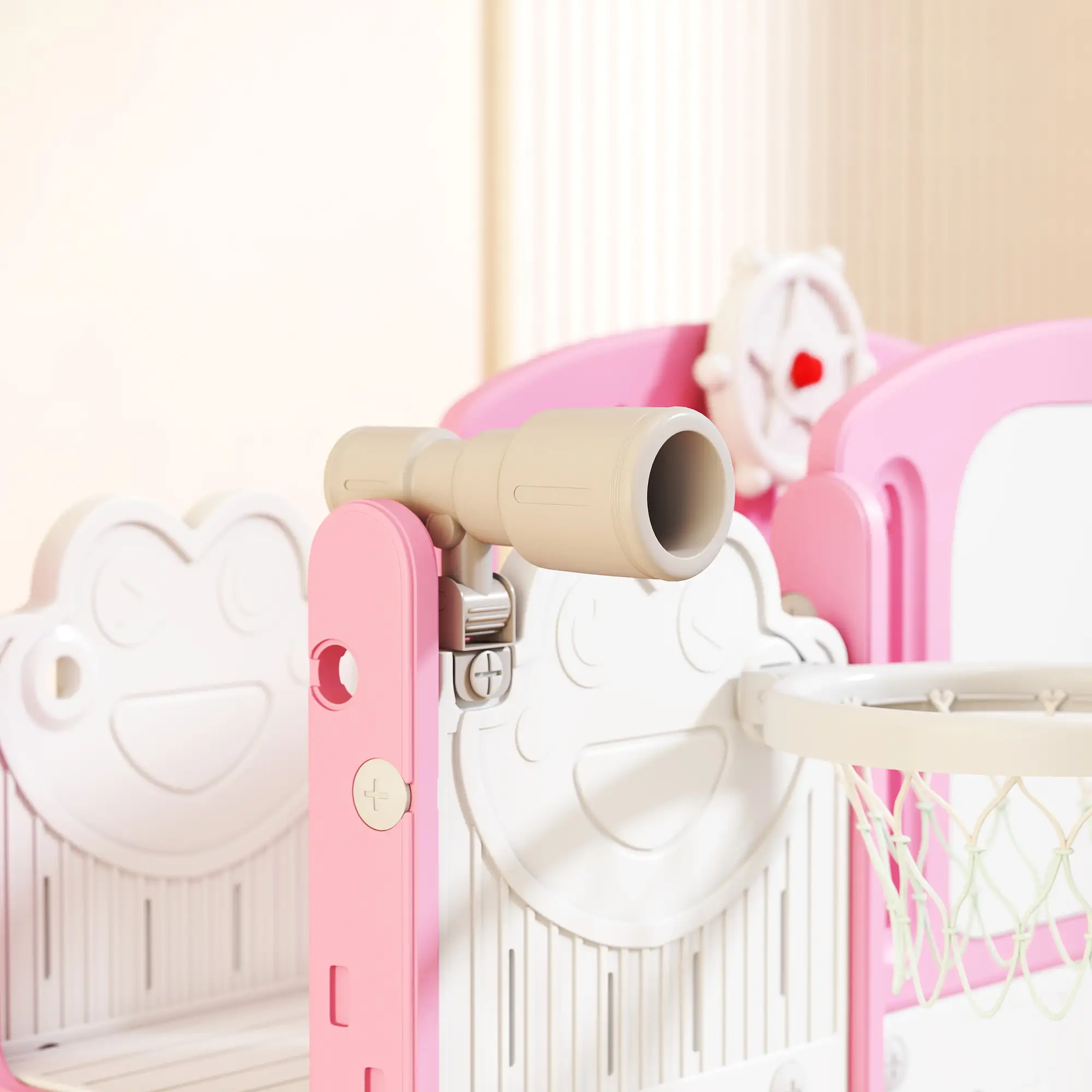 7 In 1 Toddler Slide With Basketball Hoop, Climbing Frame, Telescope, Drawing Board, Storage Box, Pink - Image 9