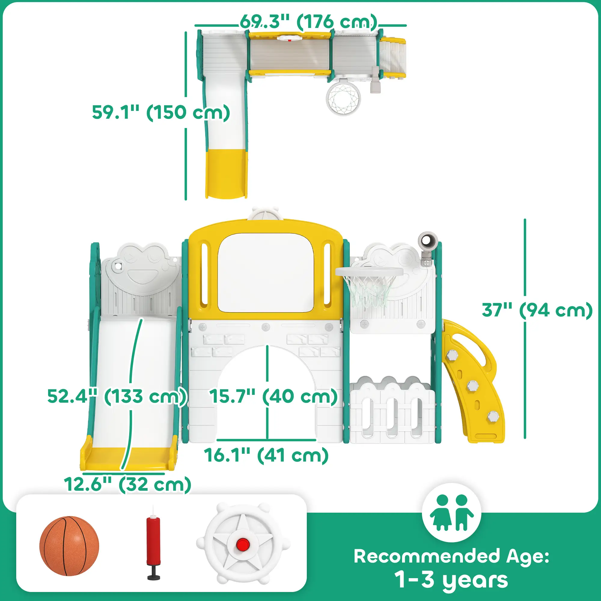 7-in-1 Toddler Slide With Basketball Hoop, Yellow - Image 2