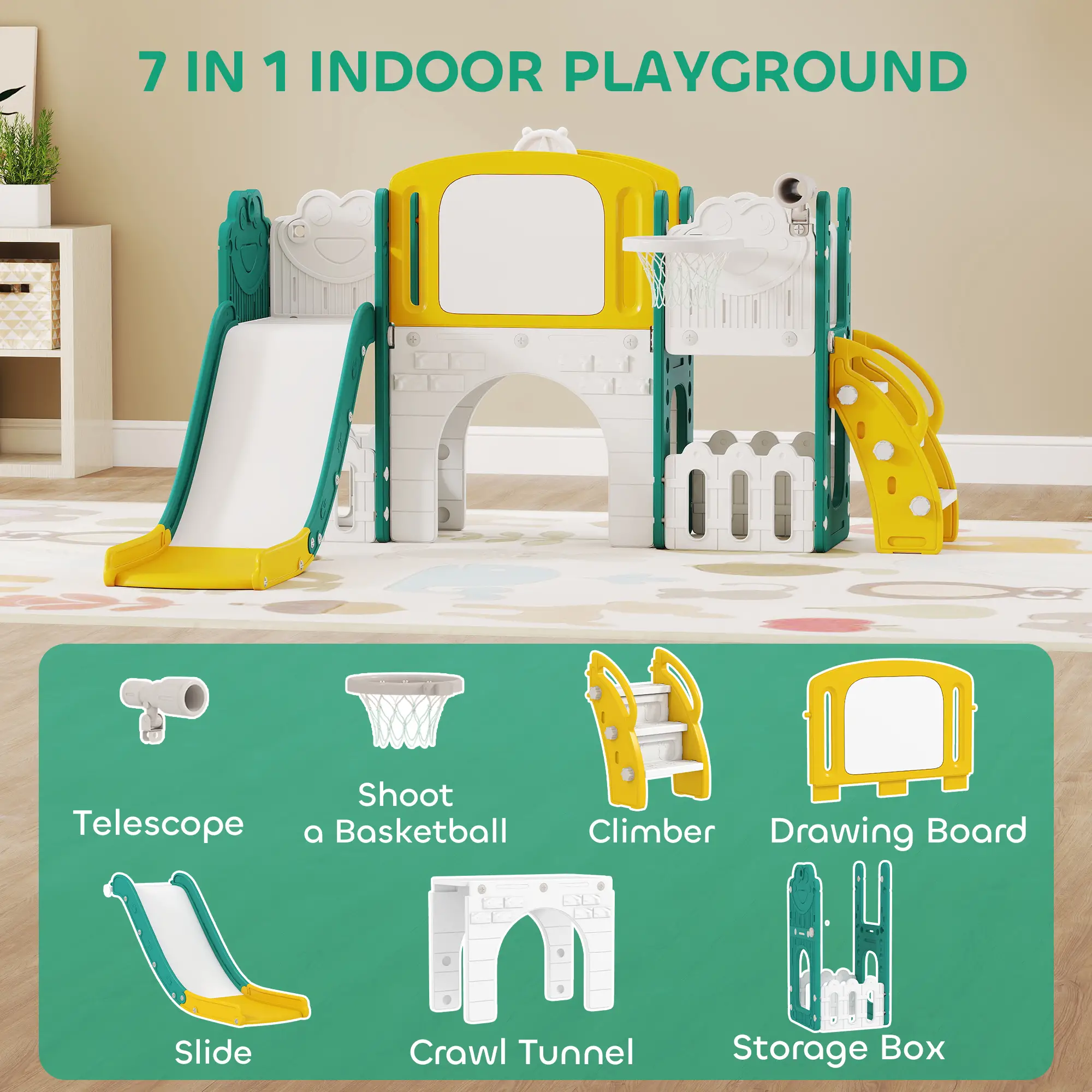 7-in-1 Toddler Slide With Basketball Hoop, Yellow - Image 3