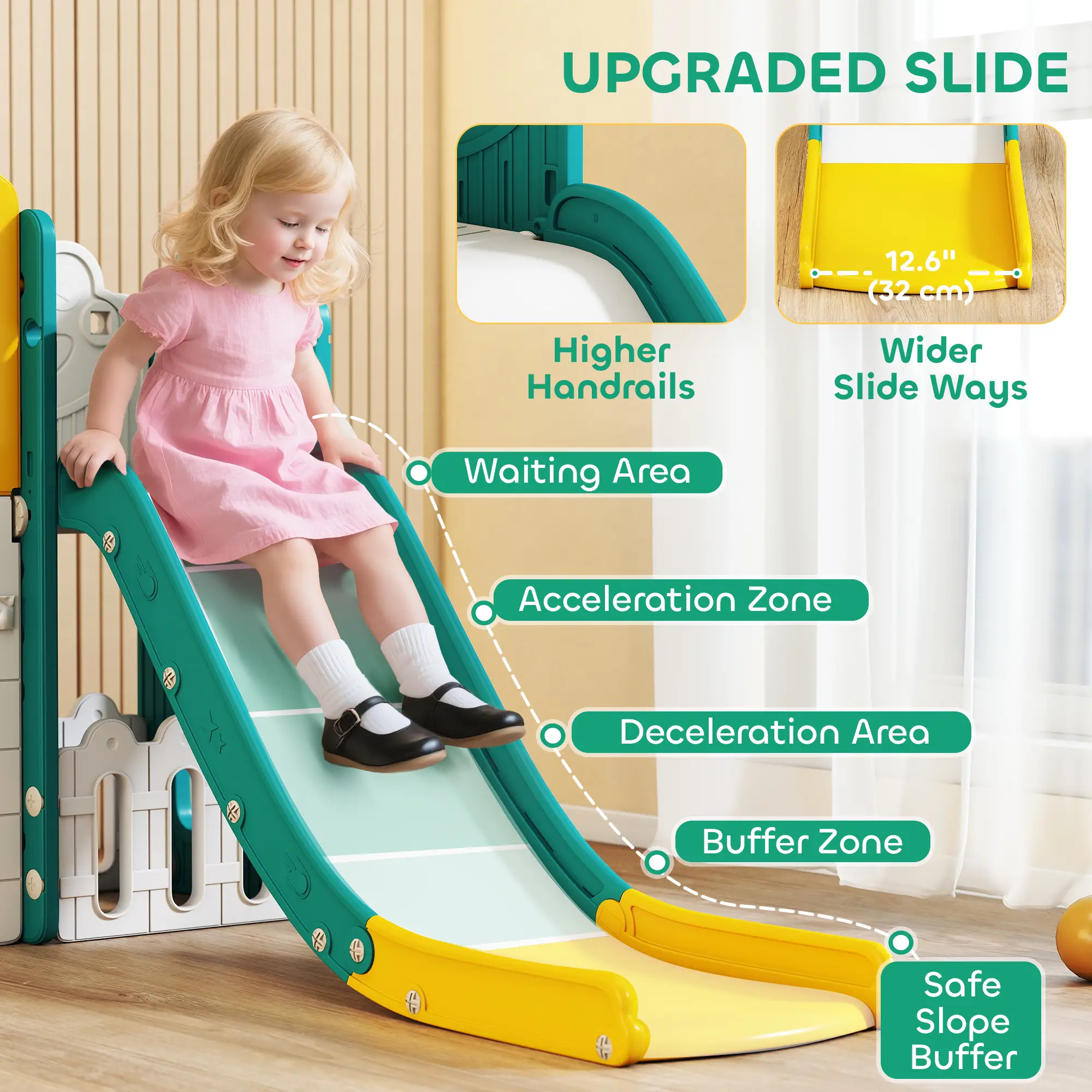 7-in-1 Toddler Slide With Basketball Hoop, Yellow - Image 4