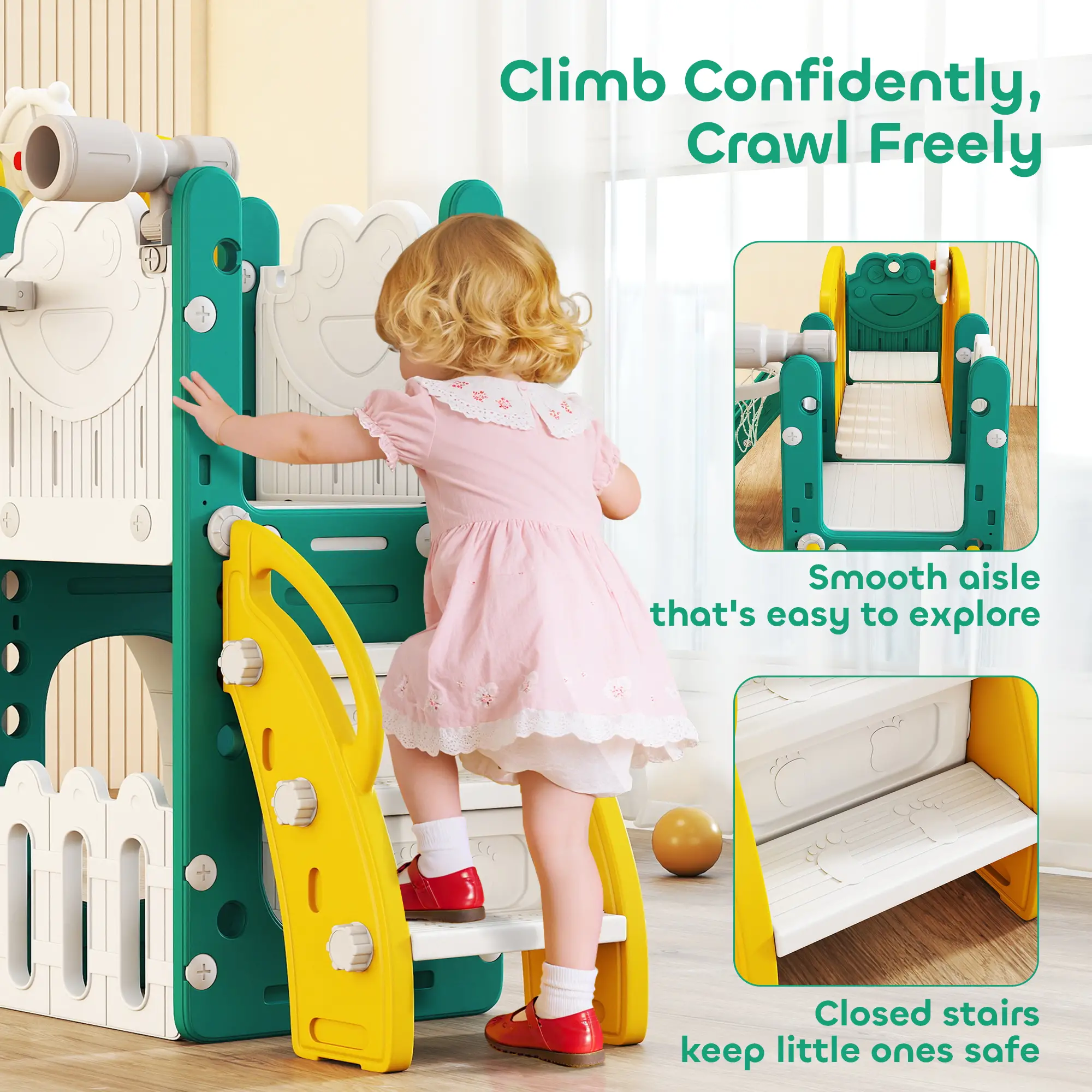 7-in-1 Toddler Slide With Basketball Hoop, Yellow - Image 6