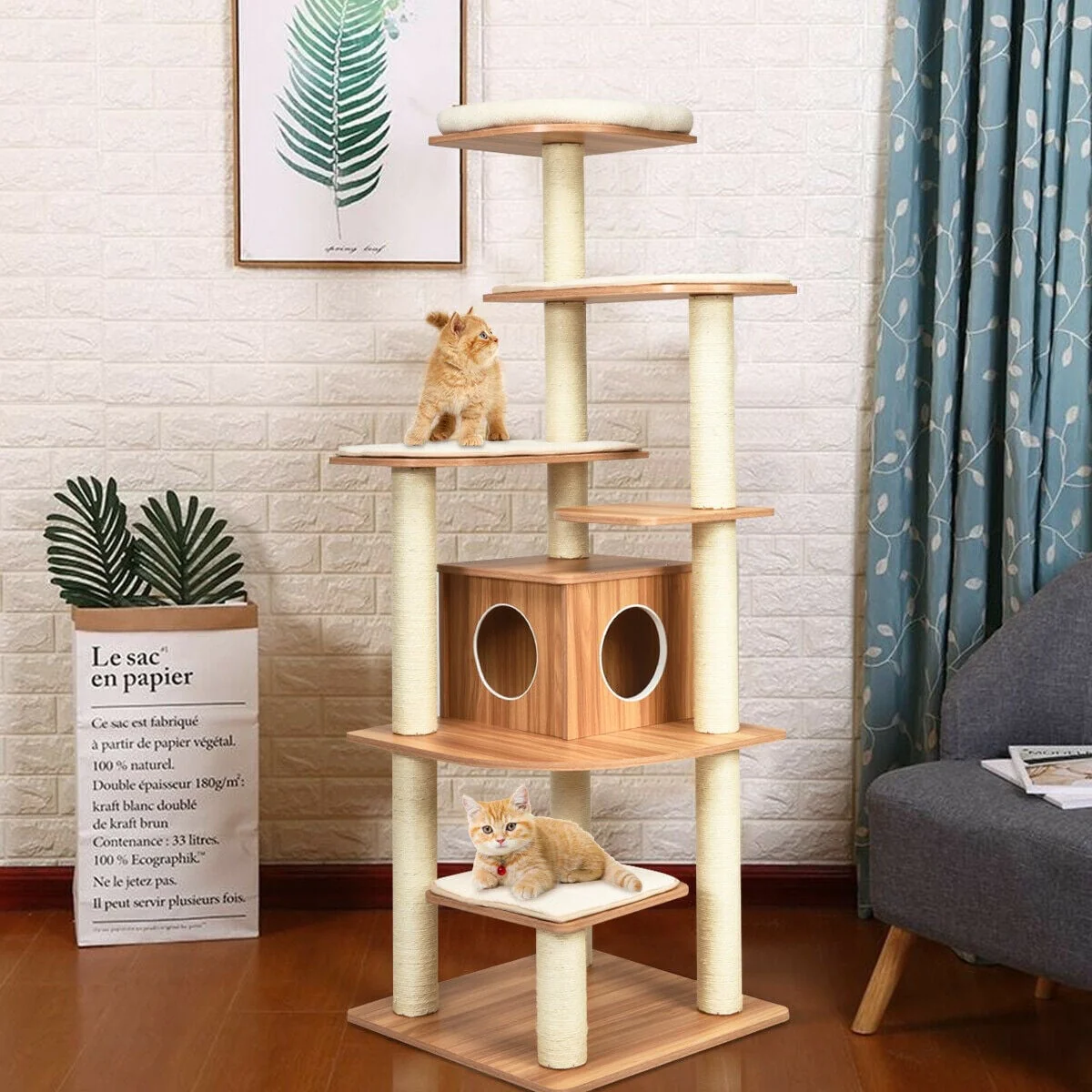 7-Layer Wooden Cat Tree, Tall Cat Tower, Sisal Posts, Condo, Natural - Image 2