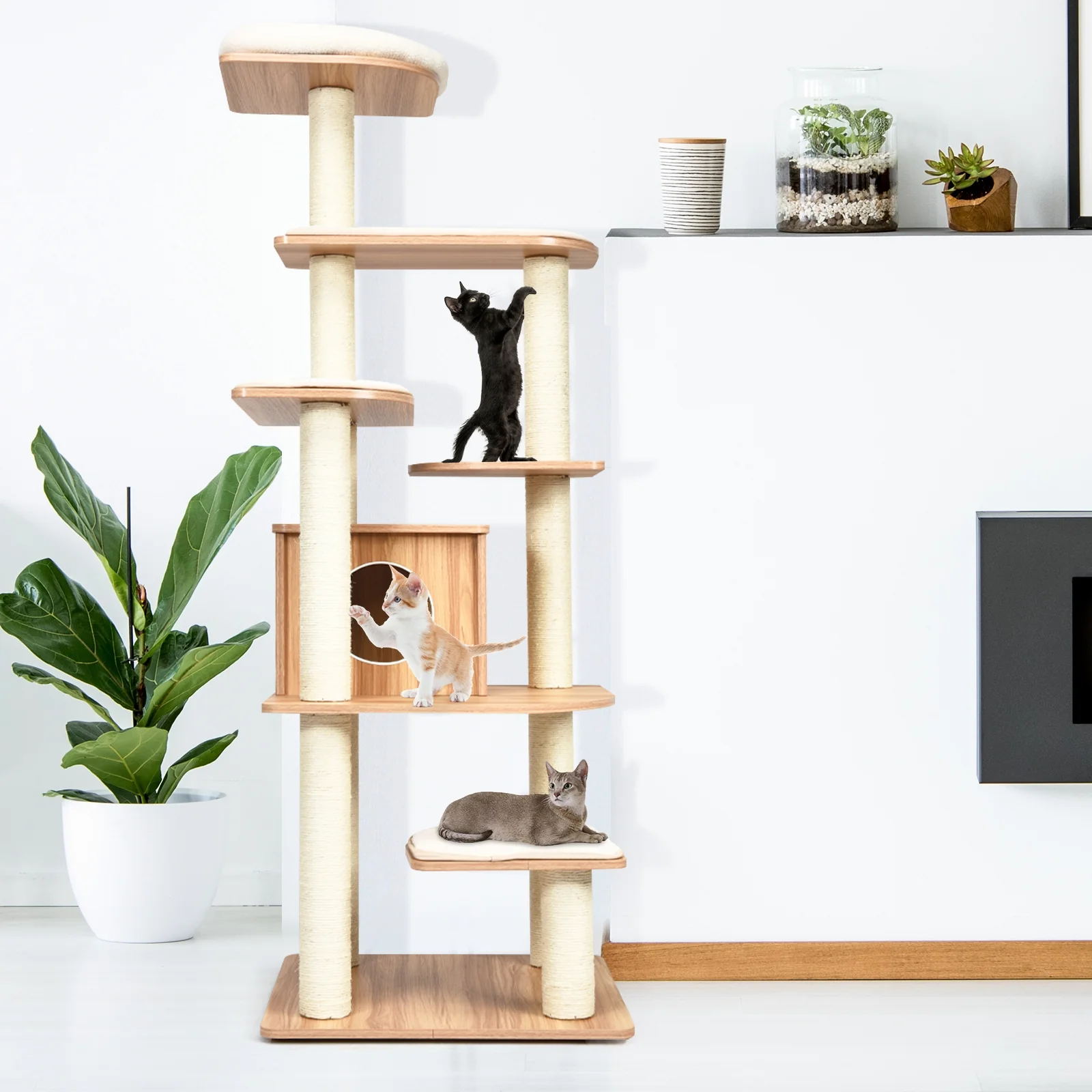 7-Layer Wooden Cat Tree, Tall Cat Tower, Sisal Posts, Condo, Natural - Image 7