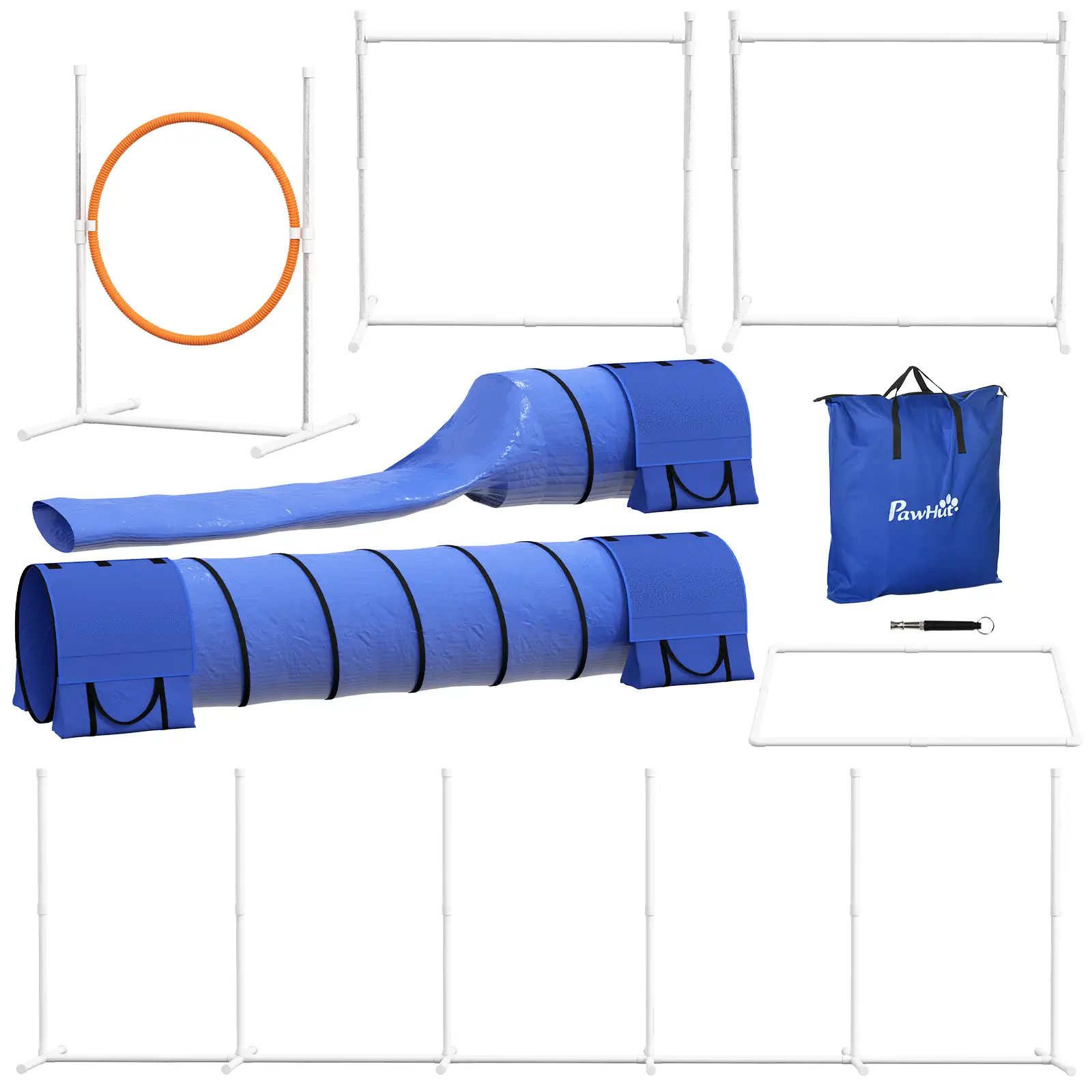 7 Pcs Dog Agility Kit, Tunnels, Weave Poles, Adjustable Hurdles, Blue
