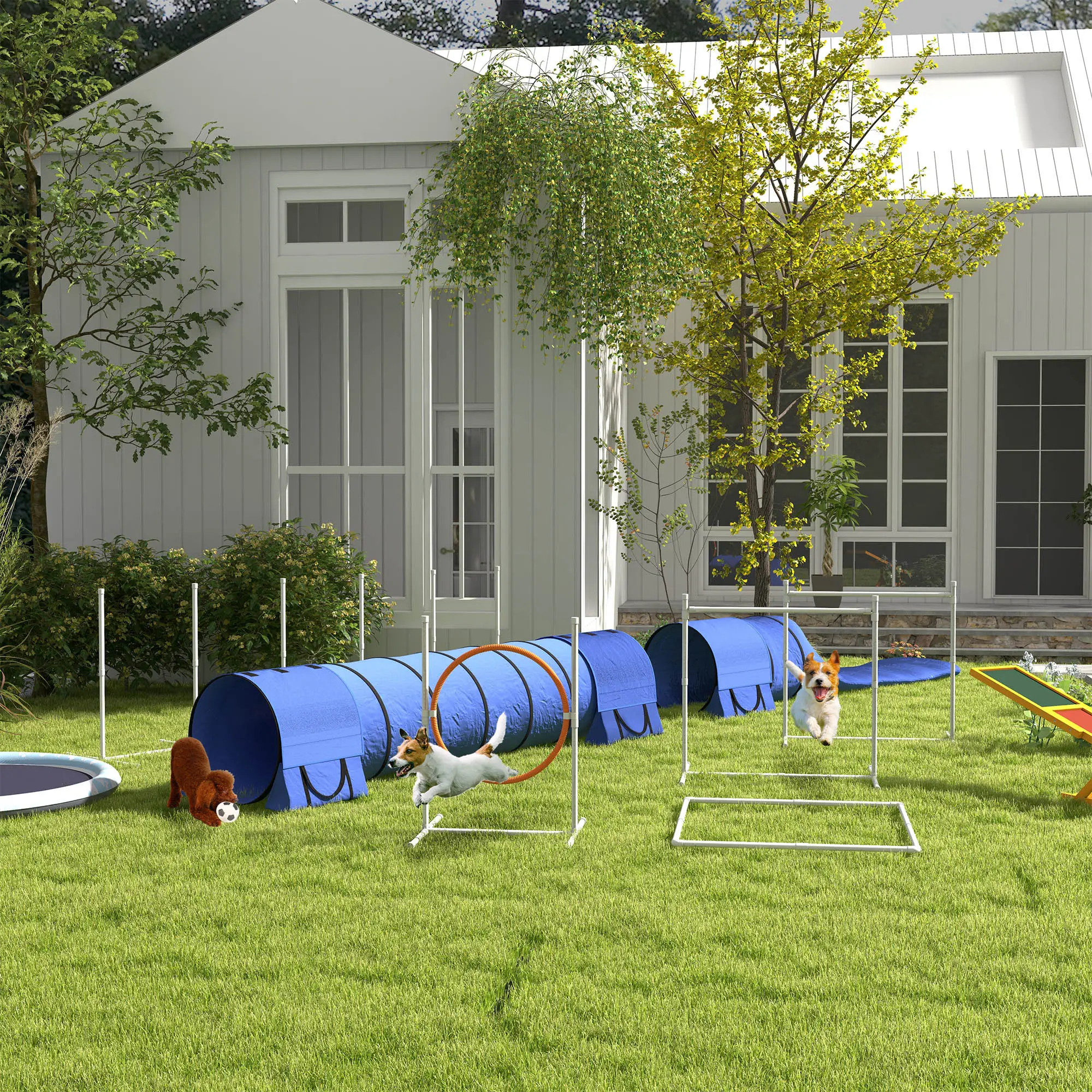 7 Pcs Dog Agility Kit, Tunnels, Weave Poles, Adjustable Hurdles, Blue - Image 10