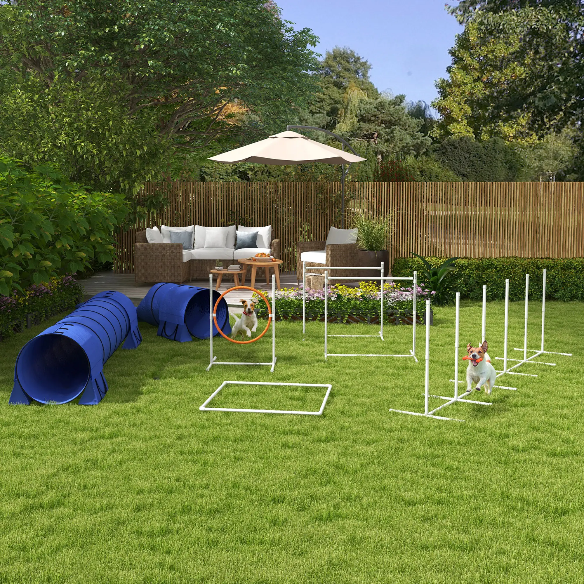 7 Pcs Dog Agility Kit, Tunnels, Weave Poles, Adjustable Hurdles, Blue - Image 2