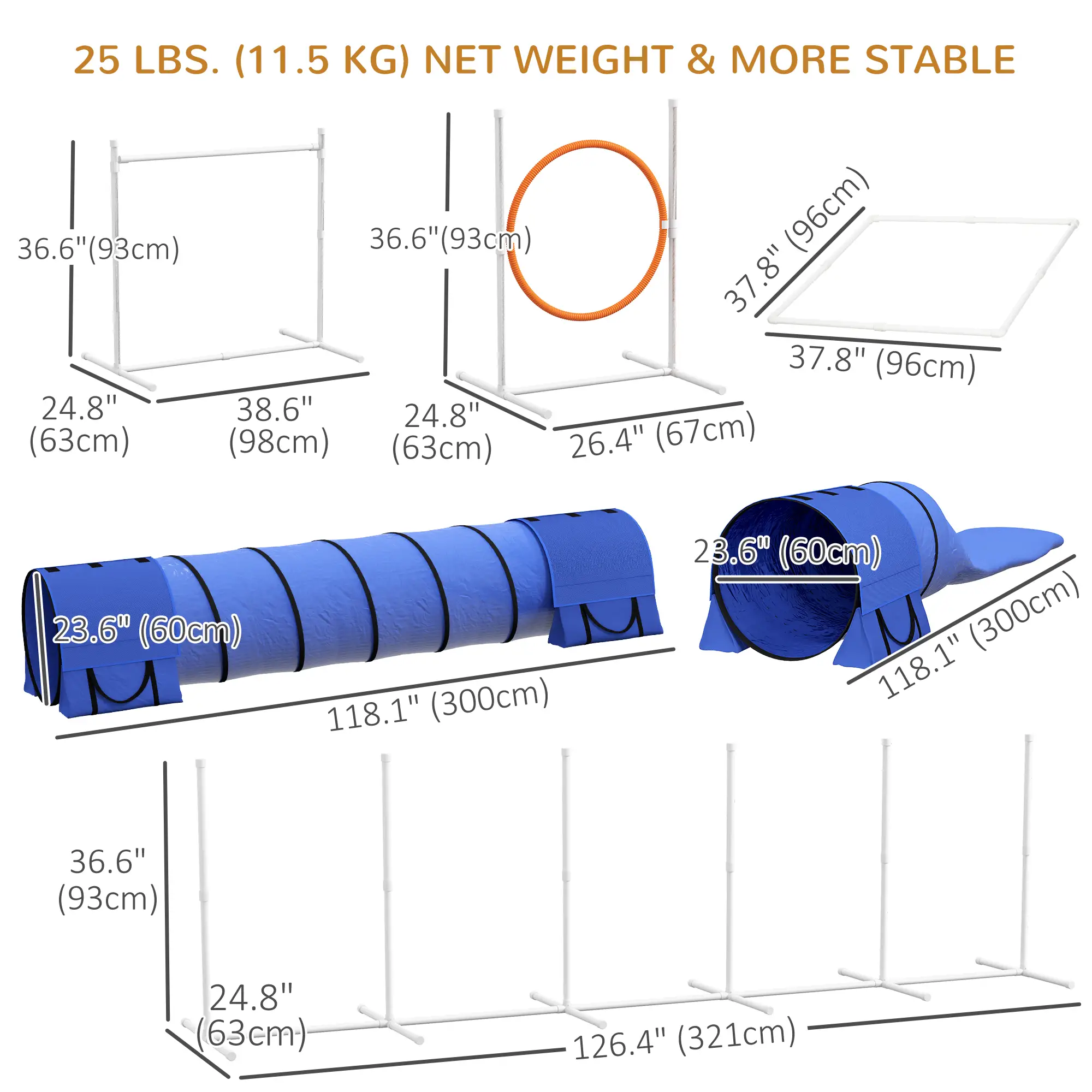 7 Pcs Dog Agility Kit, Tunnels, Weave Poles, Adjustable Hurdles, Blue - Image 3