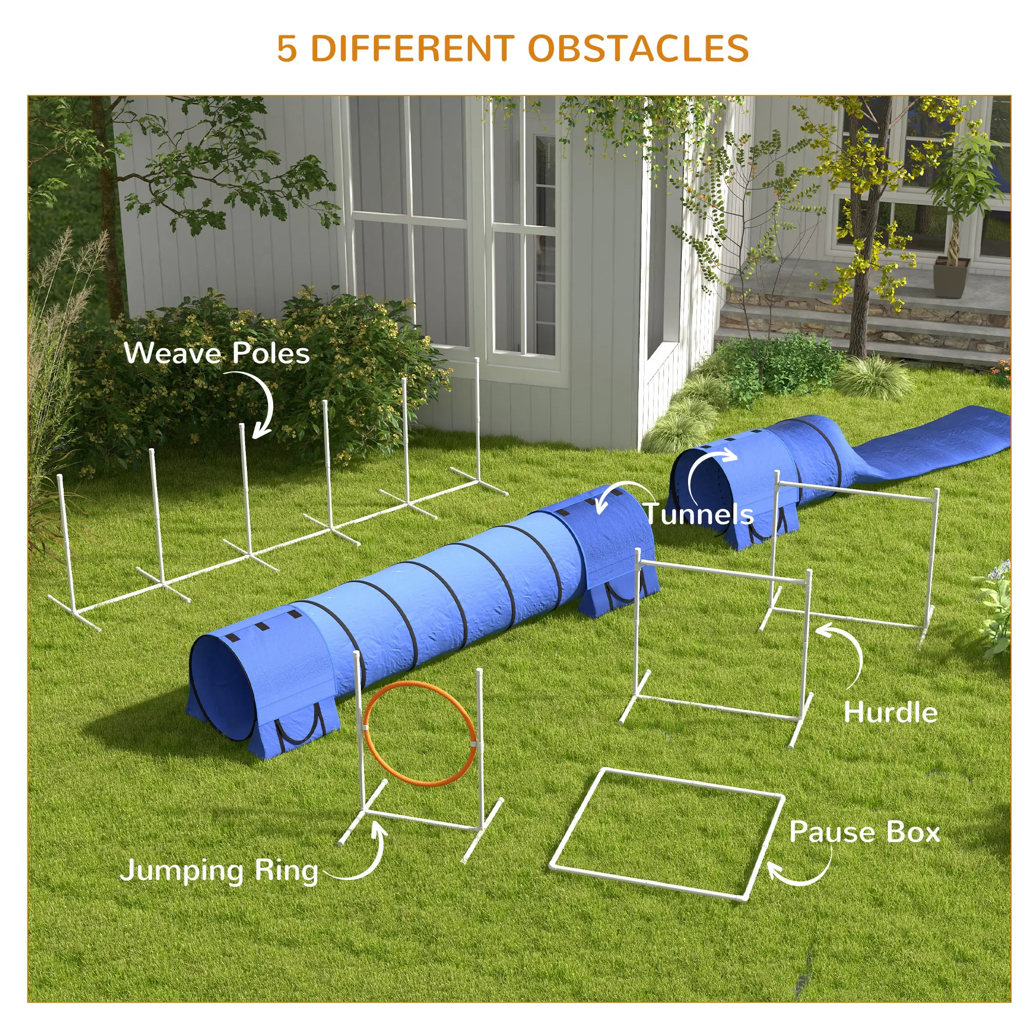 7 Pcs Dog Agility Kit, Tunnels, Weave Poles, Adjustable Hurdles, Blue - Image 5