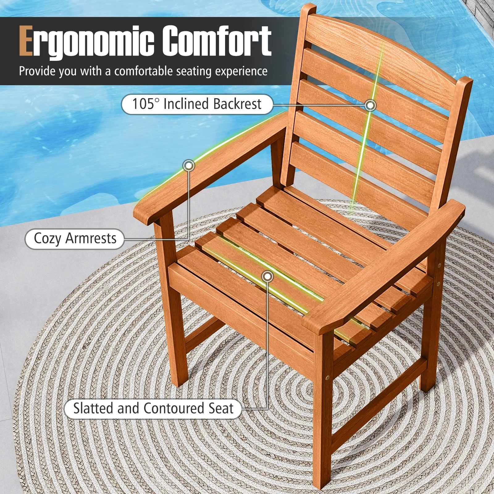 7 Pcs Outdoor Dining Set, Teak Oil Finish, Slatted Rectangular Table, 6 Armchairs, Natural - Image 10
