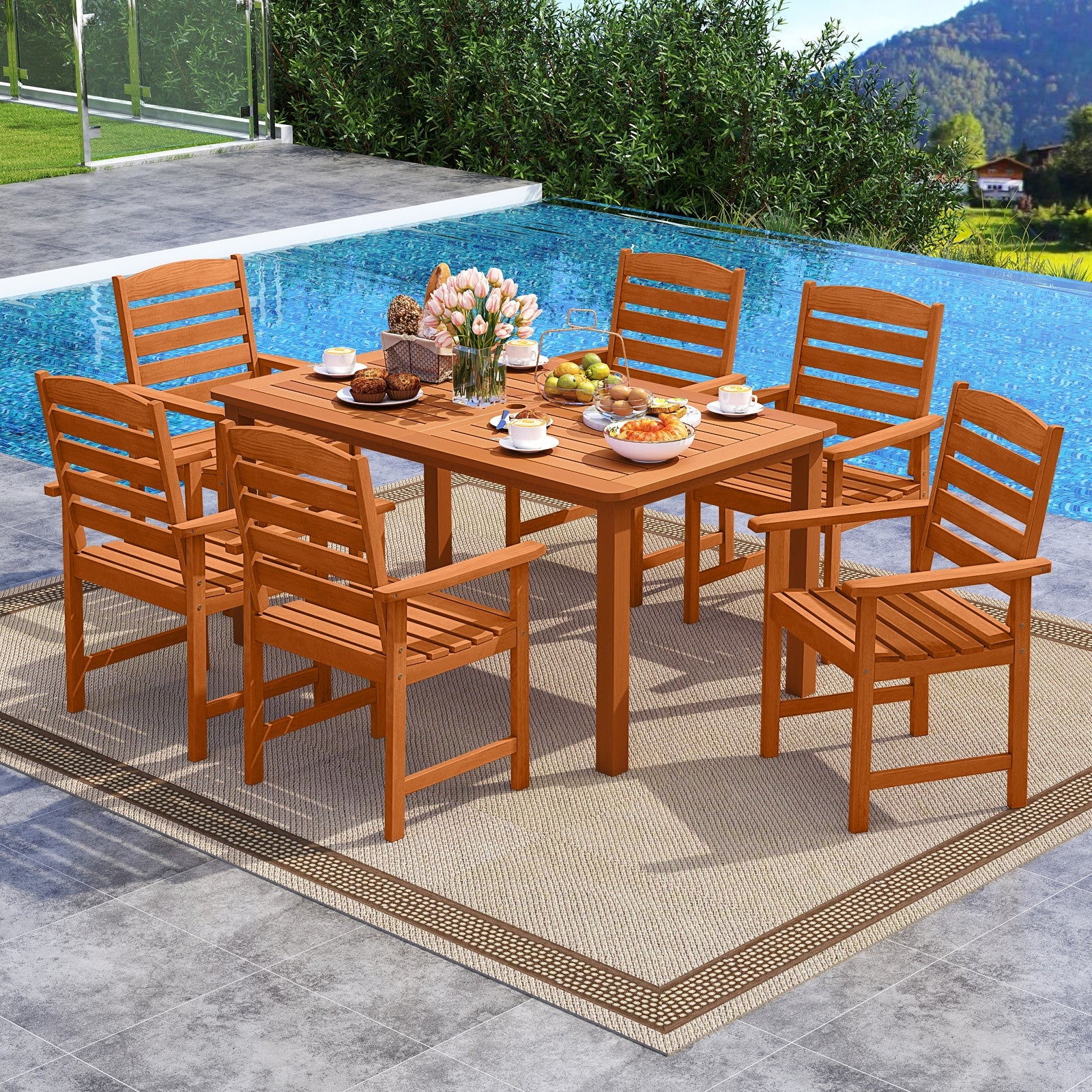 7 Pcs Outdoor Dining Set, Teak Oil Finish, Slatted Rectangular Table, 6 Armchairs, Natural - Image 2