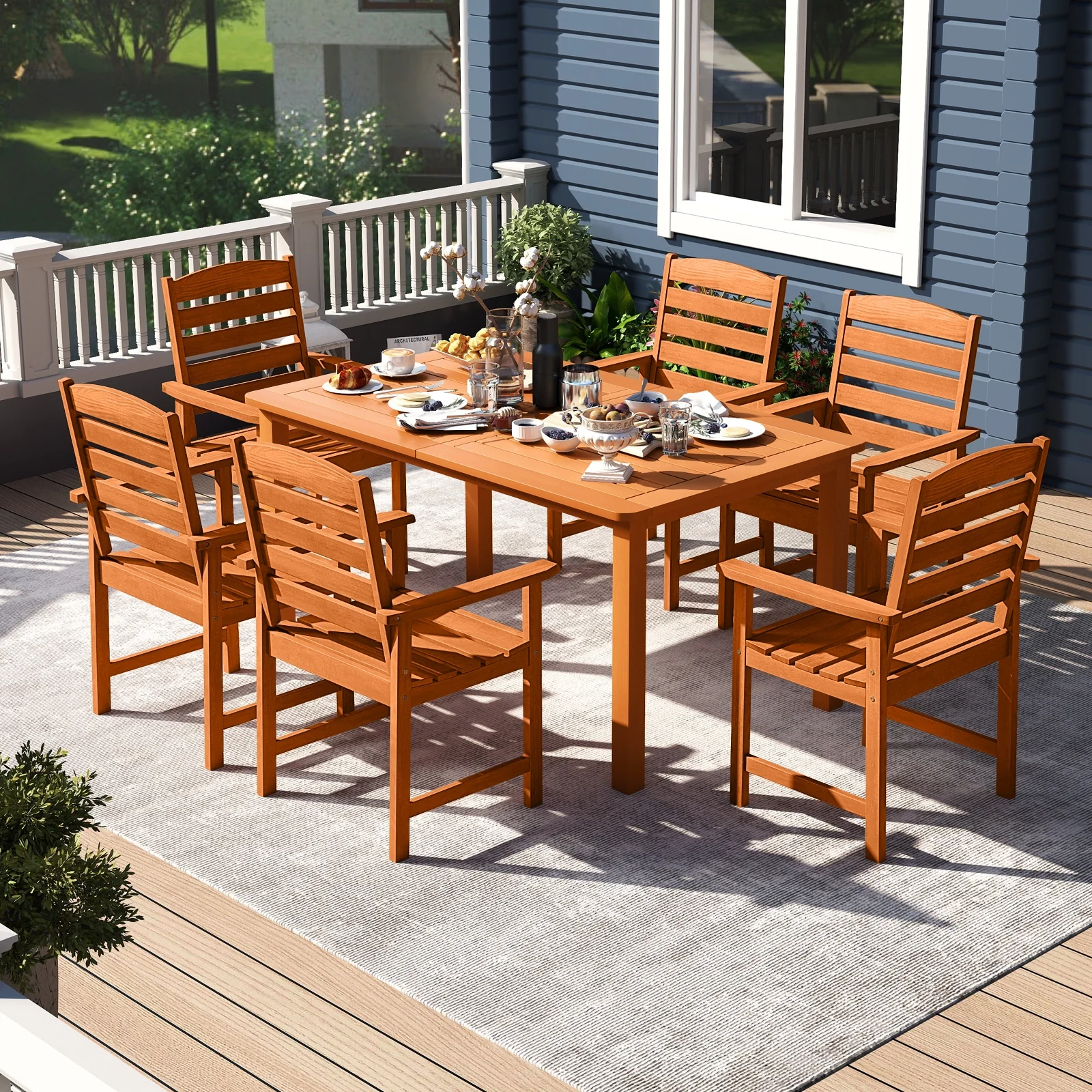 7 Pcs Outdoor Dining Set, Teak Oil Finish, Slatted Rectangular Table, 6 Armchairs, Natural - Image 3