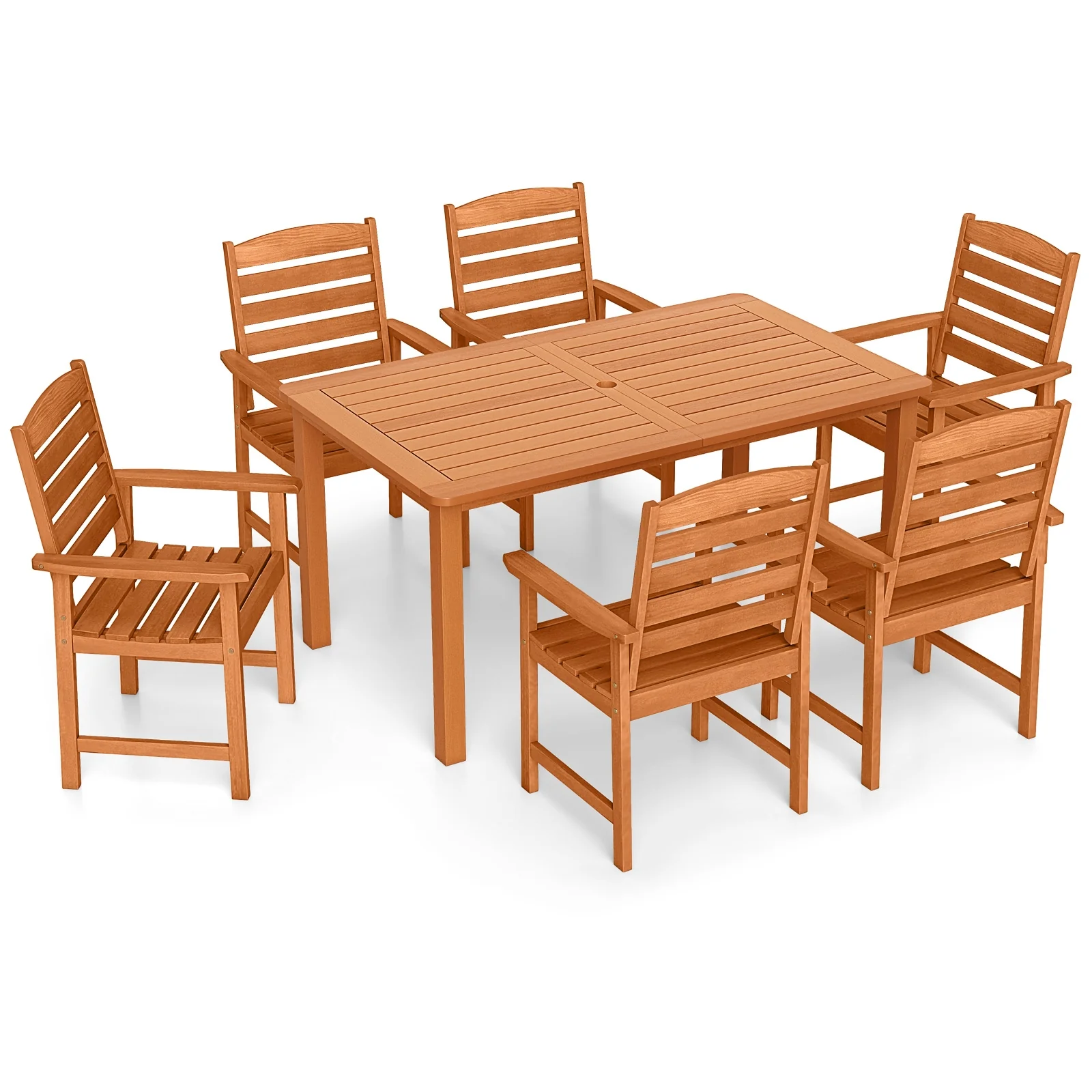 7 Pcs Outdoor Dining Set, Teak Oil Finish, Slatted Rectangular Table, 6 Armchairs, Natural - Image 4