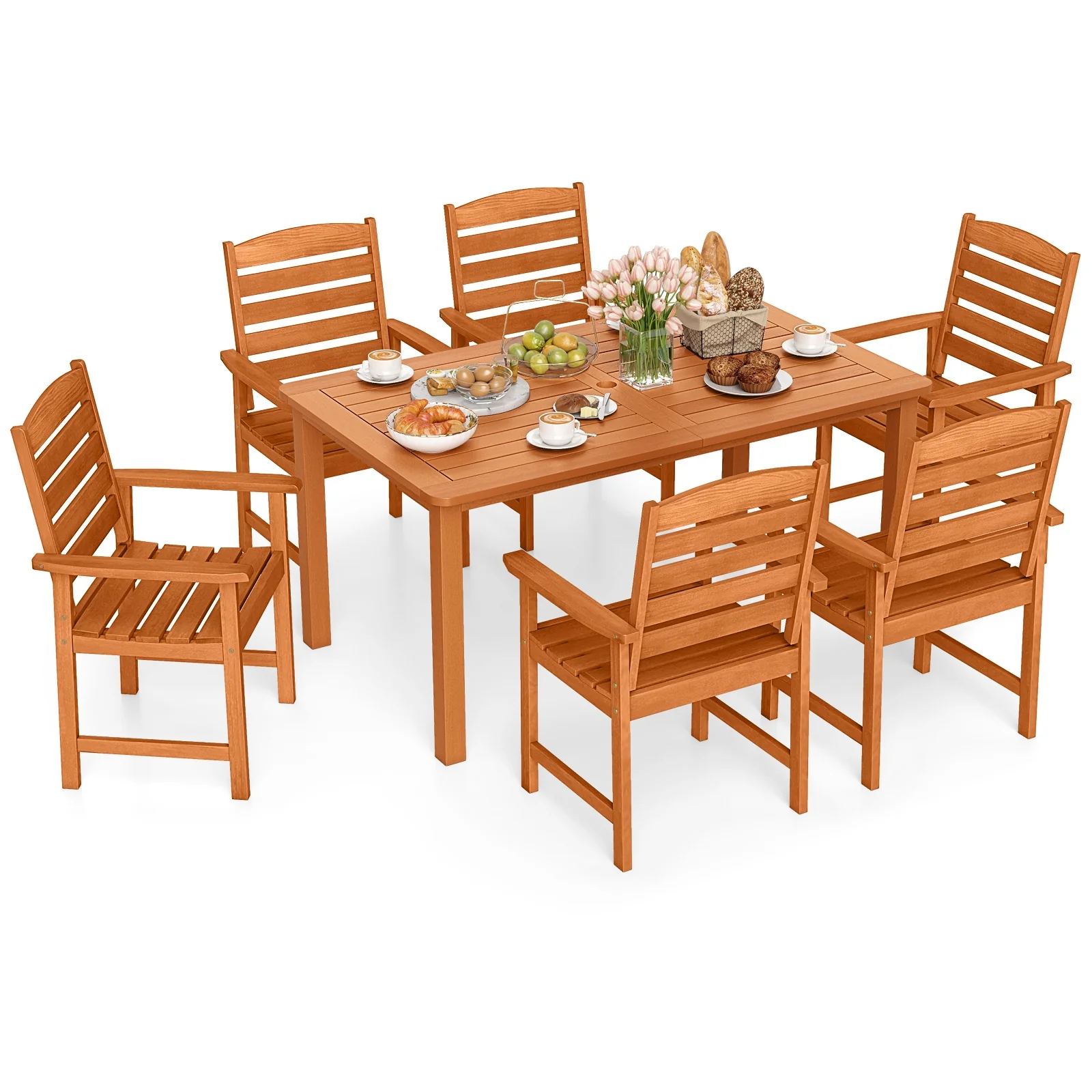 7 Pcs Outdoor Dining Set, Teak Oil Finish, Slatted Rectangular Table, 6 Armchairs, Natural - Image 5