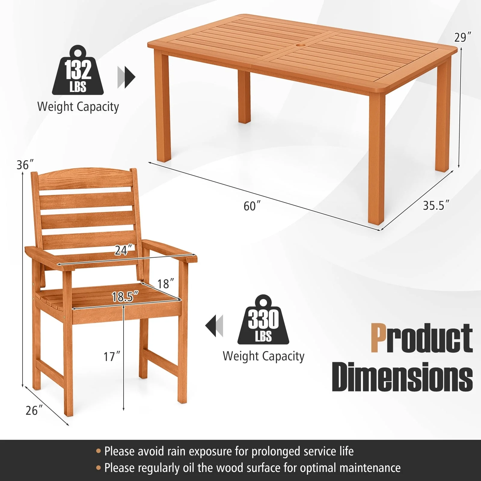 7 Pcs Outdoor Dining Set, Teak Oil Finish, Slatted Rectangular Table, 6 Armchairs, Natural - Image 6