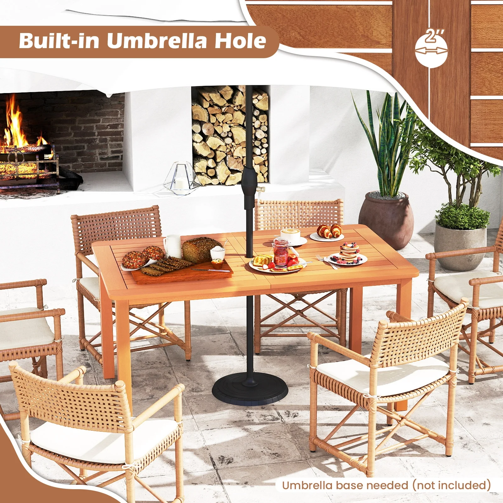 7 Pcs Outdoor Dining Set, Teak Oil Finish, Slatted Rectangular Table, 6 Armchairs, Natural - Image 7