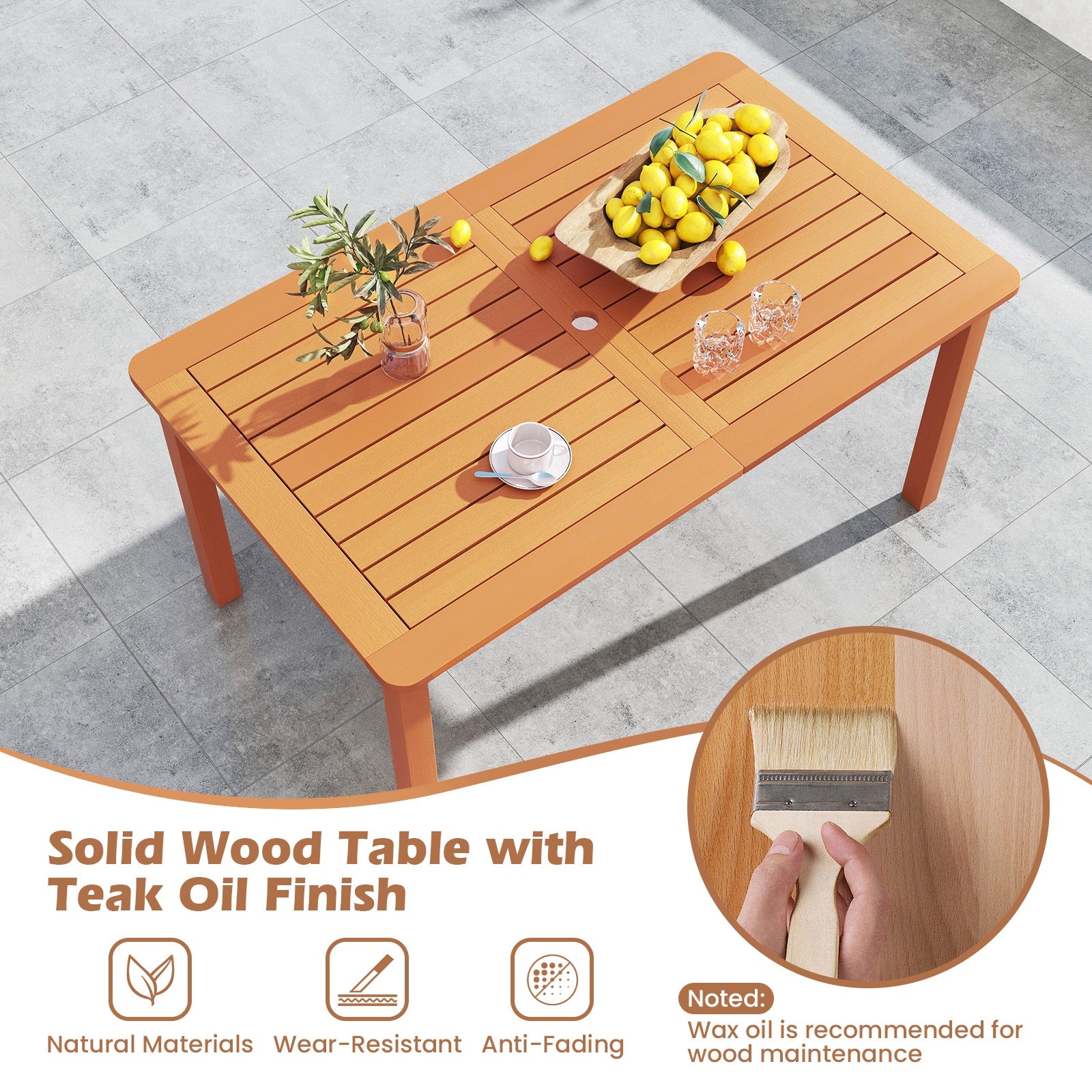 7 Pcs Outdoor Dining Set, Teak Oil Finish, Slatted Rectangular Table, 6 Armchairs, Natural - Image 8