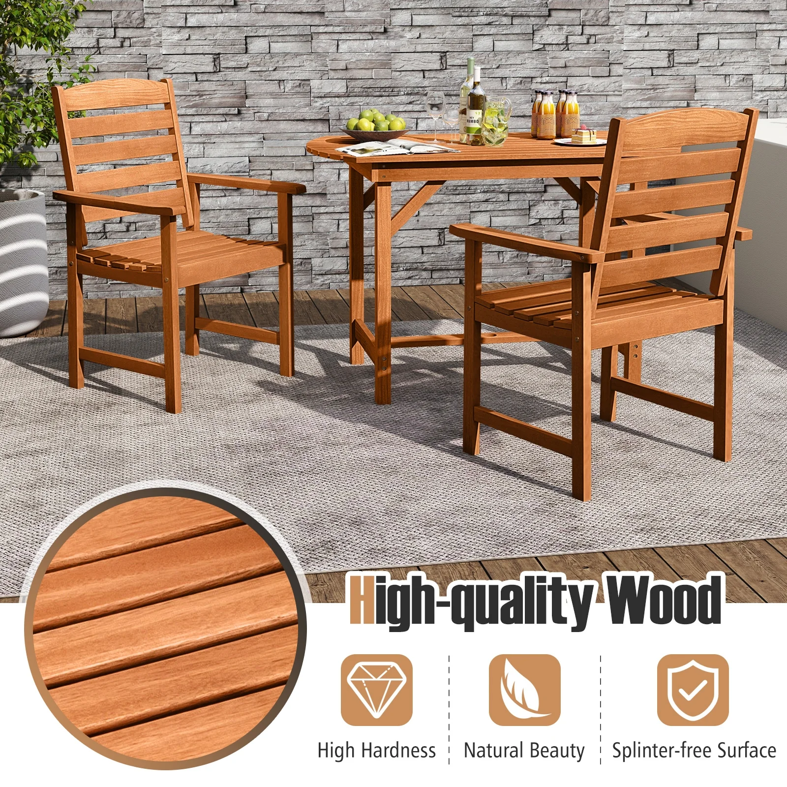 7 Pcs Outdoor Dining Set, Teak Oil Finish, Slatted Rectangular Table, 6 Armchairs, Natural - Image 9