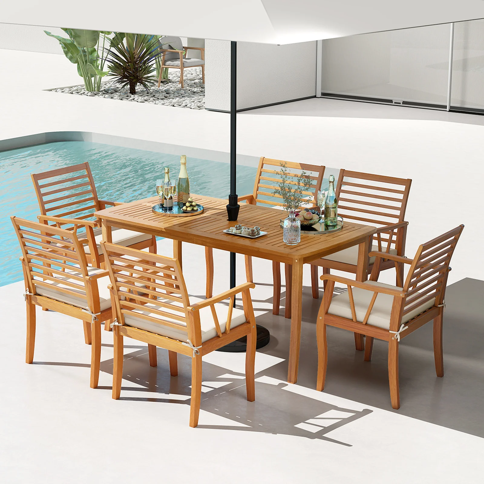 7 Piece Acacia Wood Patio Dining Set, 1.97 Inch Umbrella Hole, Padded Cushions - Image 3