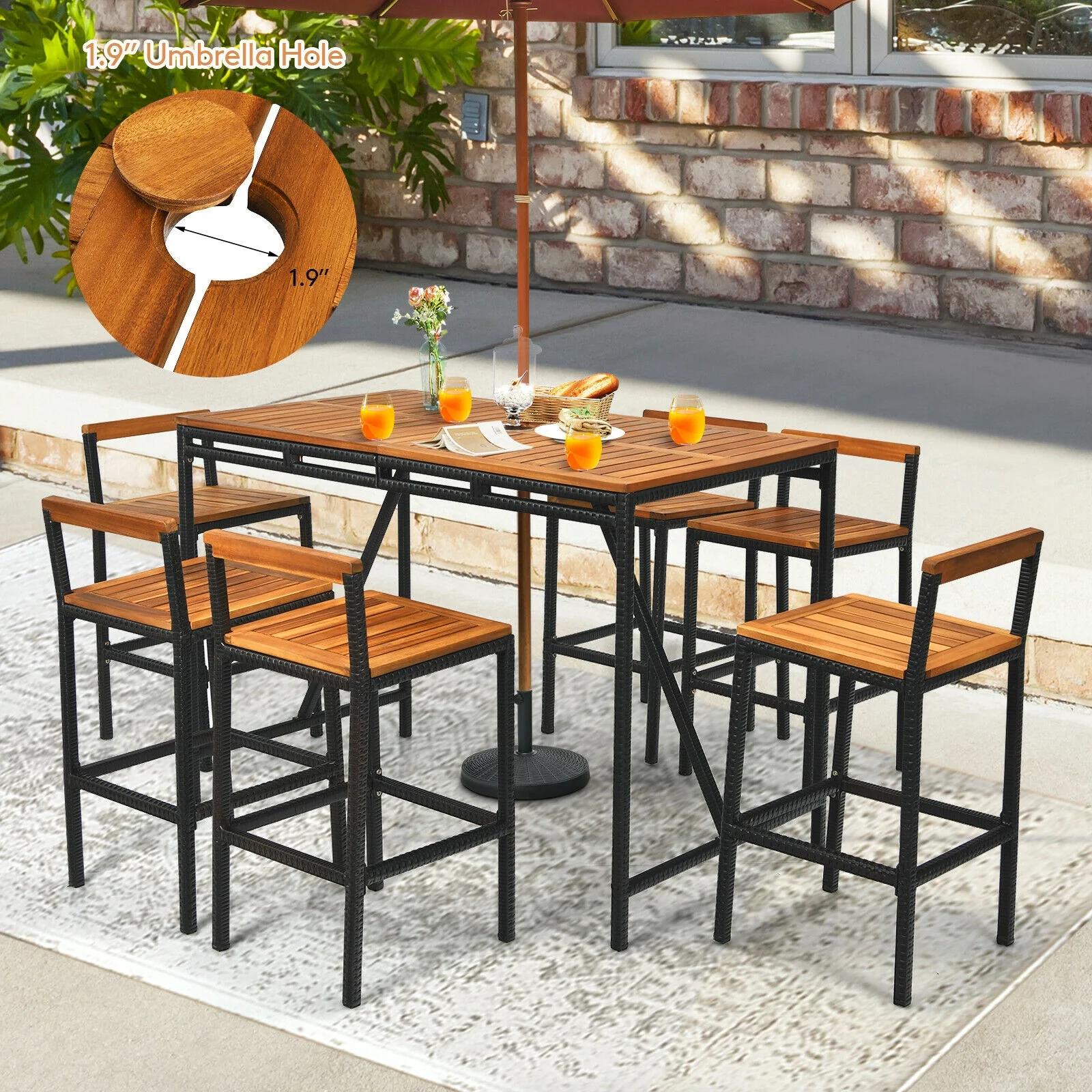 7 Piece Acacia Wood Patio Rattan Bar Set, Brown - Image 10
