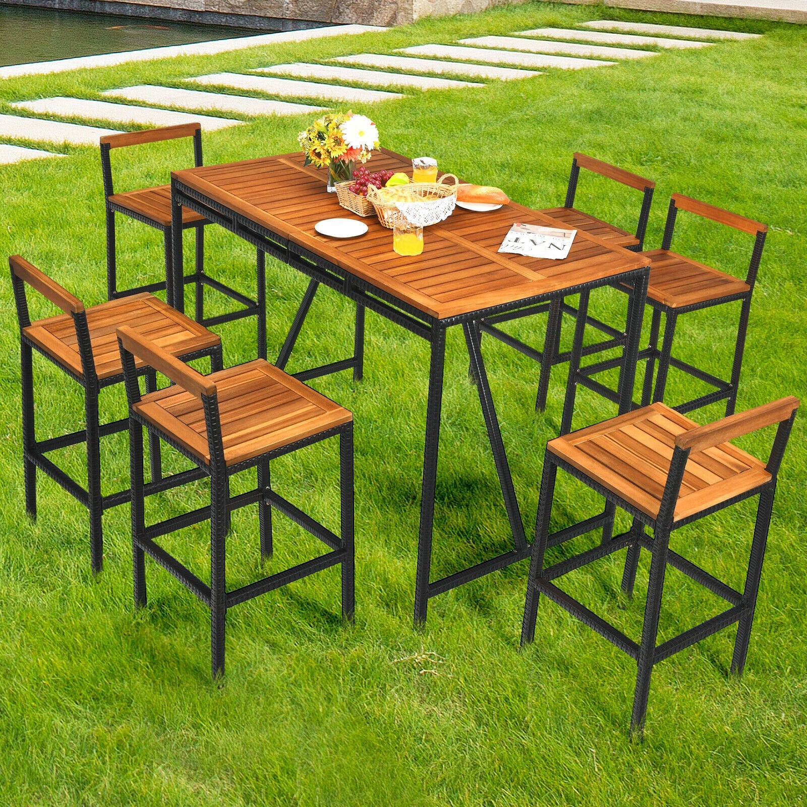 7 Piece Acacia Wood Patio Rattan Bar Set, Brown - Image 2