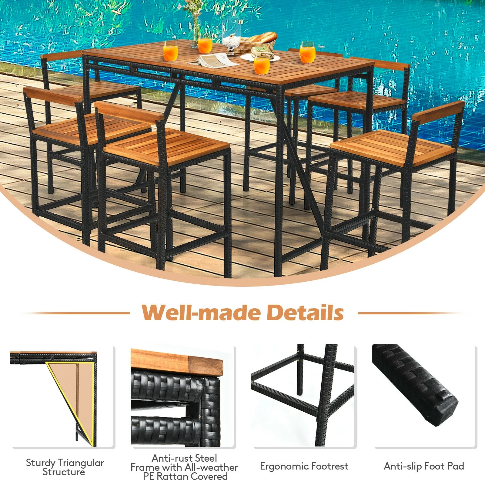 7 Piece Acacia Wood Patio Rattan Bar Set, Brown - Image 3