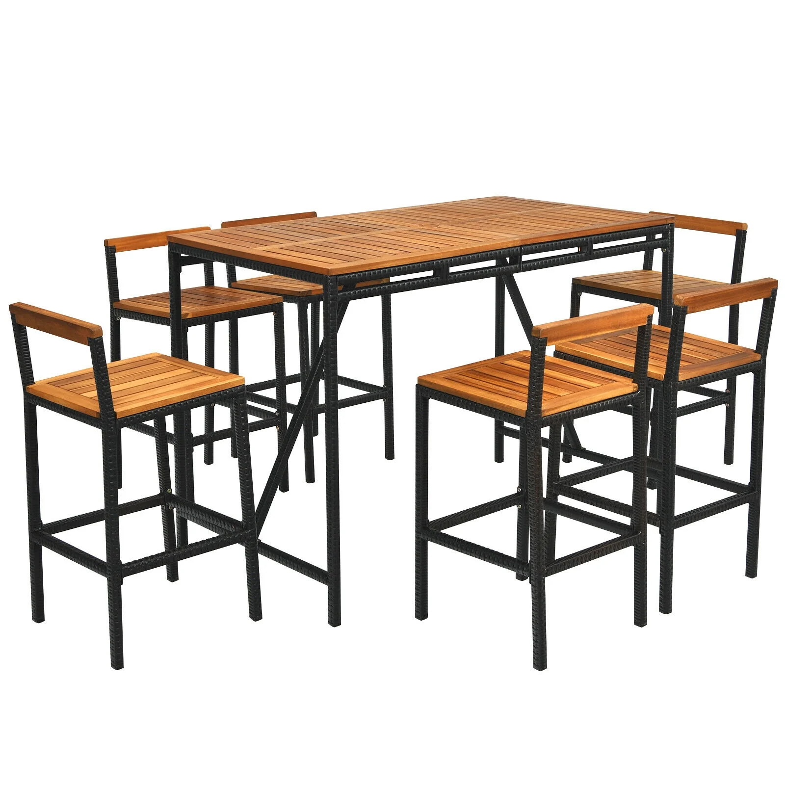 7 Piece Acacia Wood Patio Rattan Bar Set, Brown - Image 4