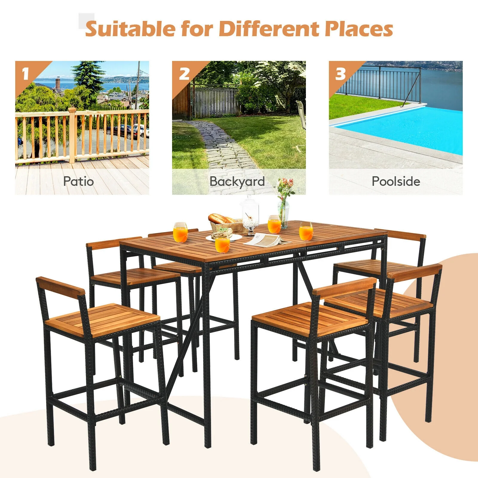 7 Piece Acacia Wood Patio Rattan Bar Set, Brown - Image 6