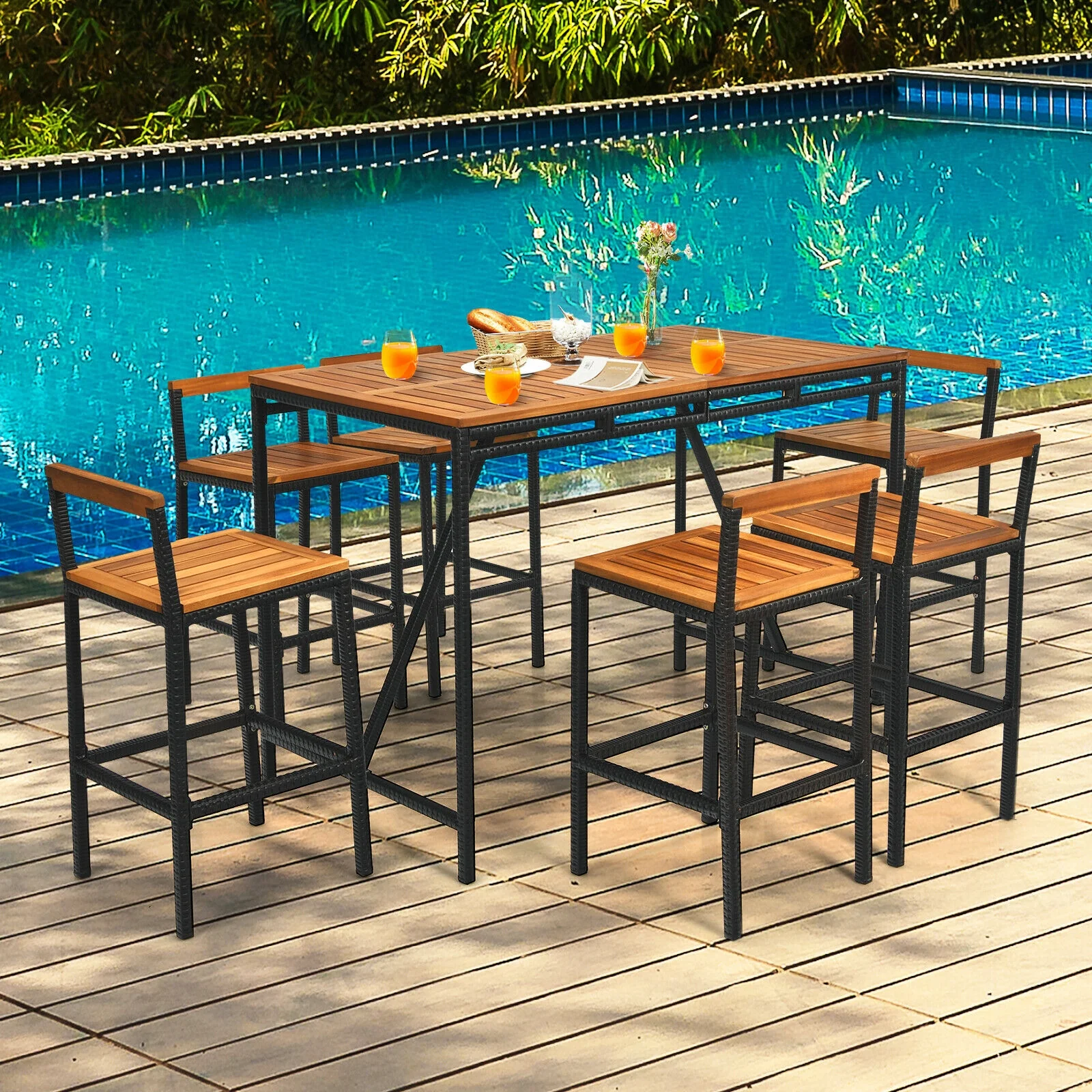 7 Piece Acacia Wood Patio Rattan Bar Set, Brown - Image 7