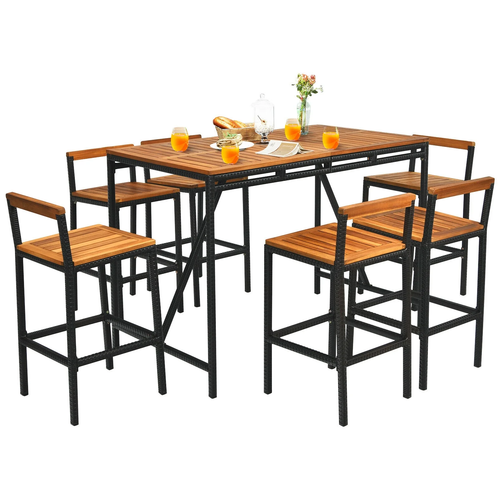 7 Piece Acacia Wood Patio Rattan Bar Set, Brown - Image 8