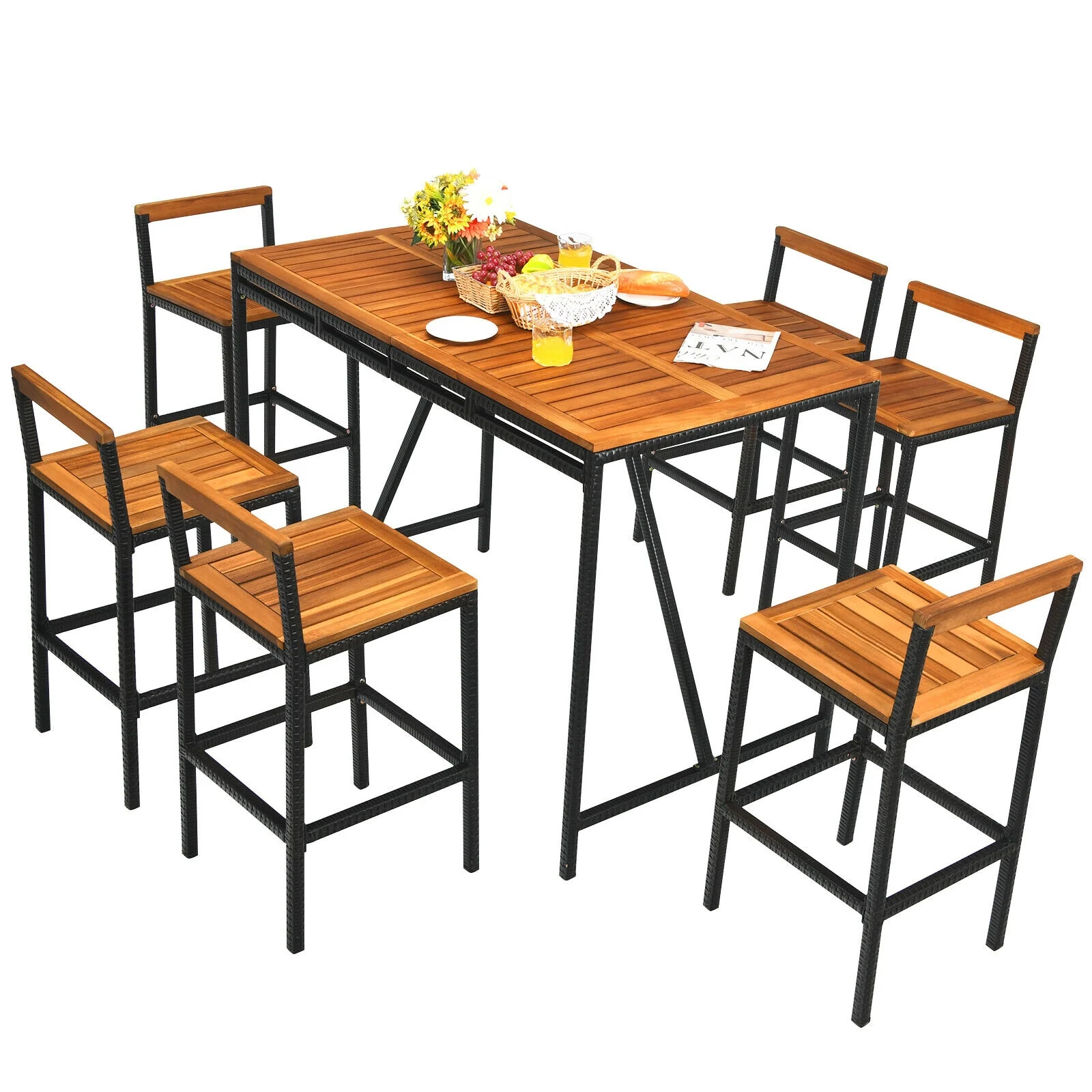 7 Piece Acacia Wood Patio Rattan Bar Set, Brown - Image 9