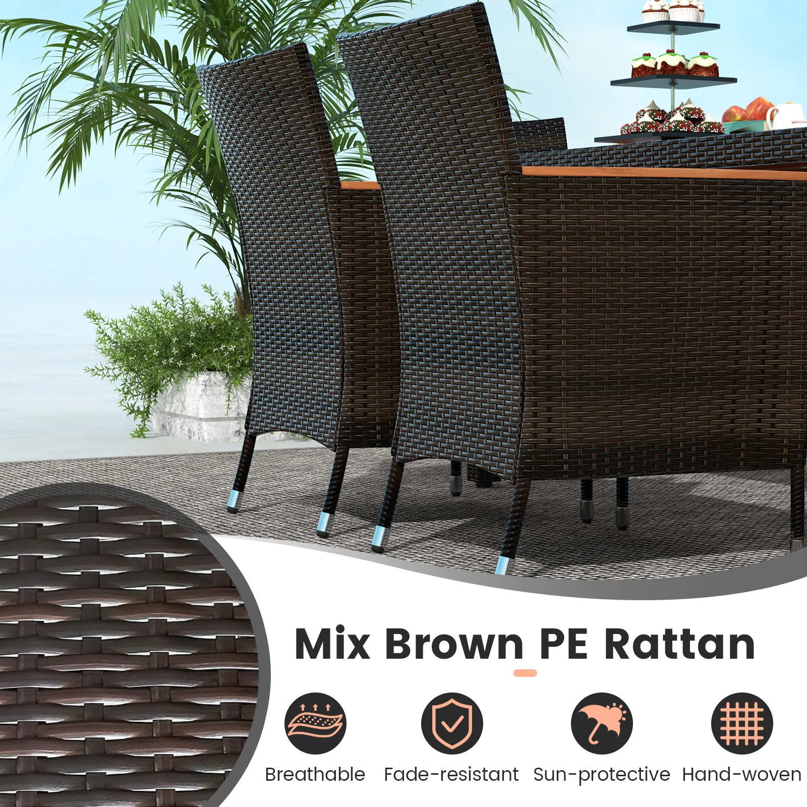 7 Piece Garden Dining Patio Rattan Set, Brown - Image 9