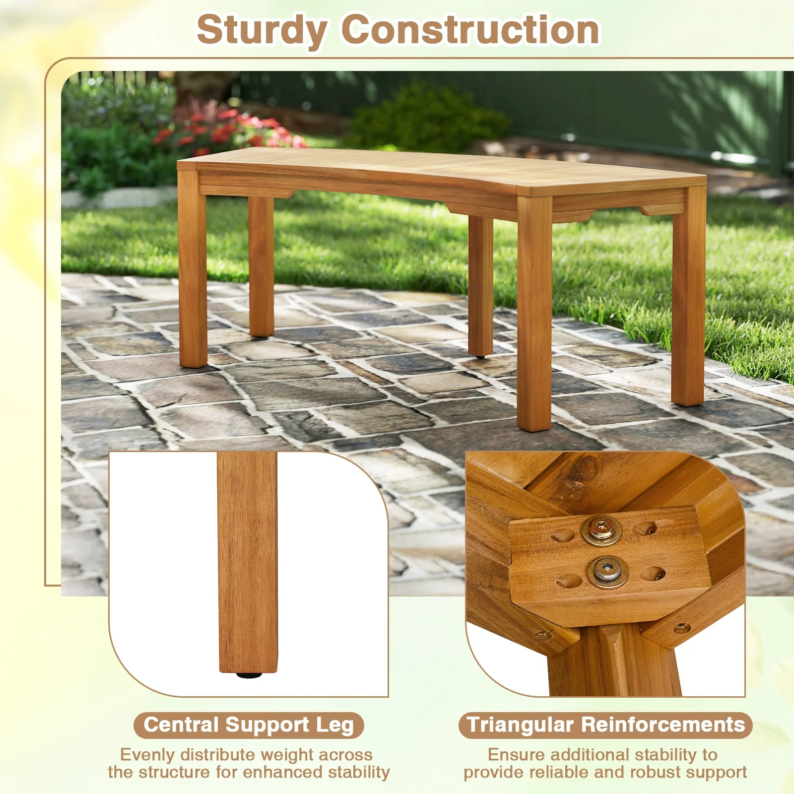 7-Piece Outdoor Acacia Wood Curved Garden Bench, 2-Person, Natural - Image 9