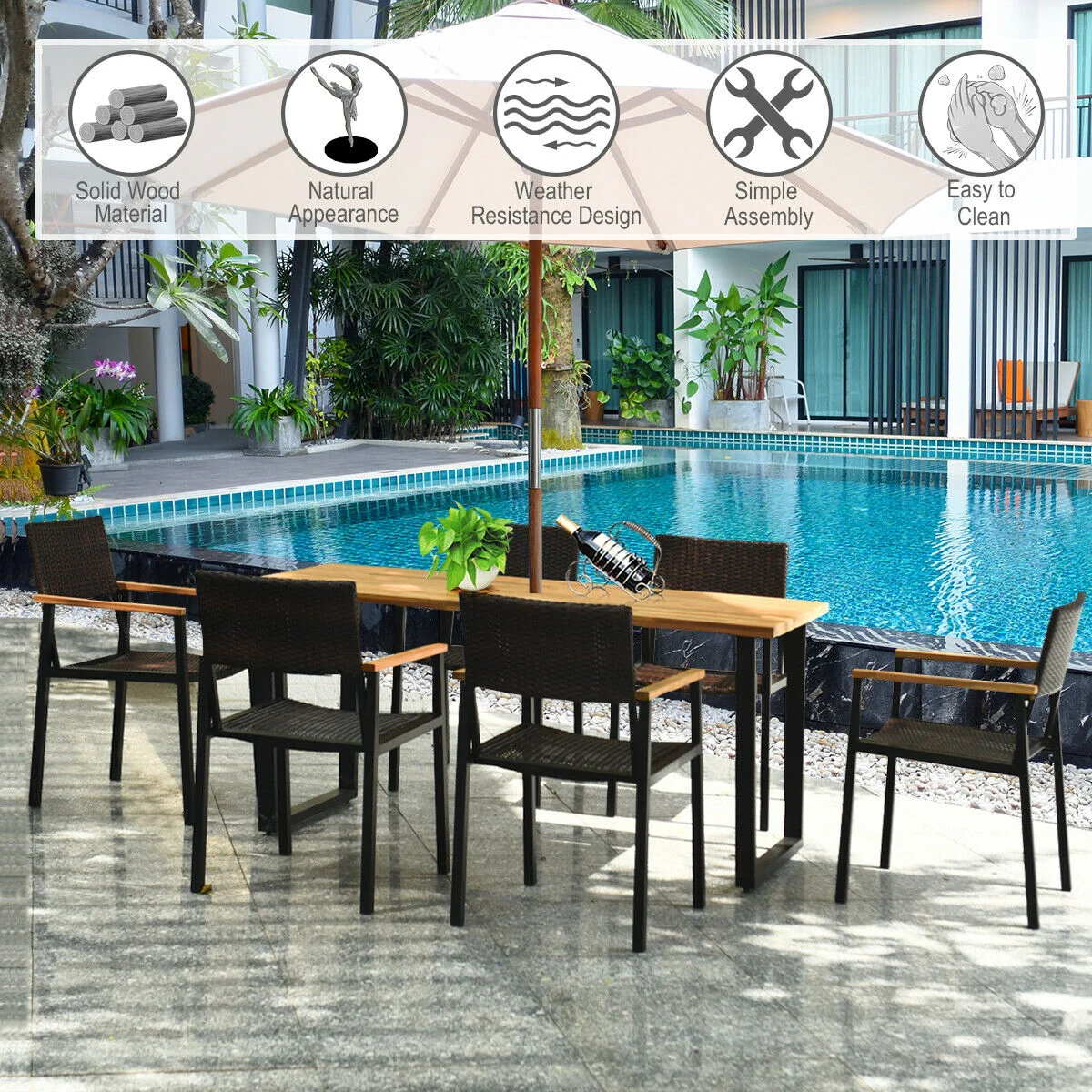 7 Piece Outdoor Dining Set, Large Acacia Wood Table Top, Natural - Image 3