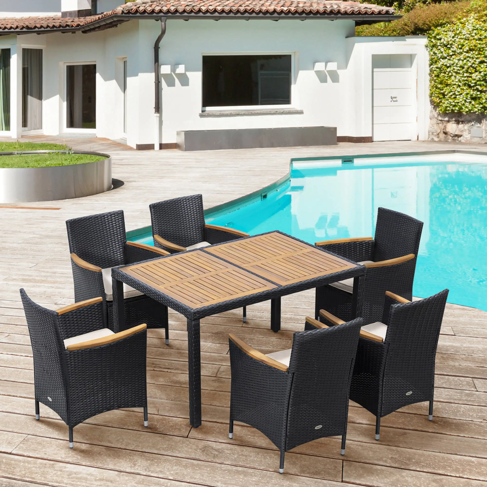 7-Piece Outdoor Dining Set, PE Wicker Rattan Patio Furniture, Glass Table Top - Image 7