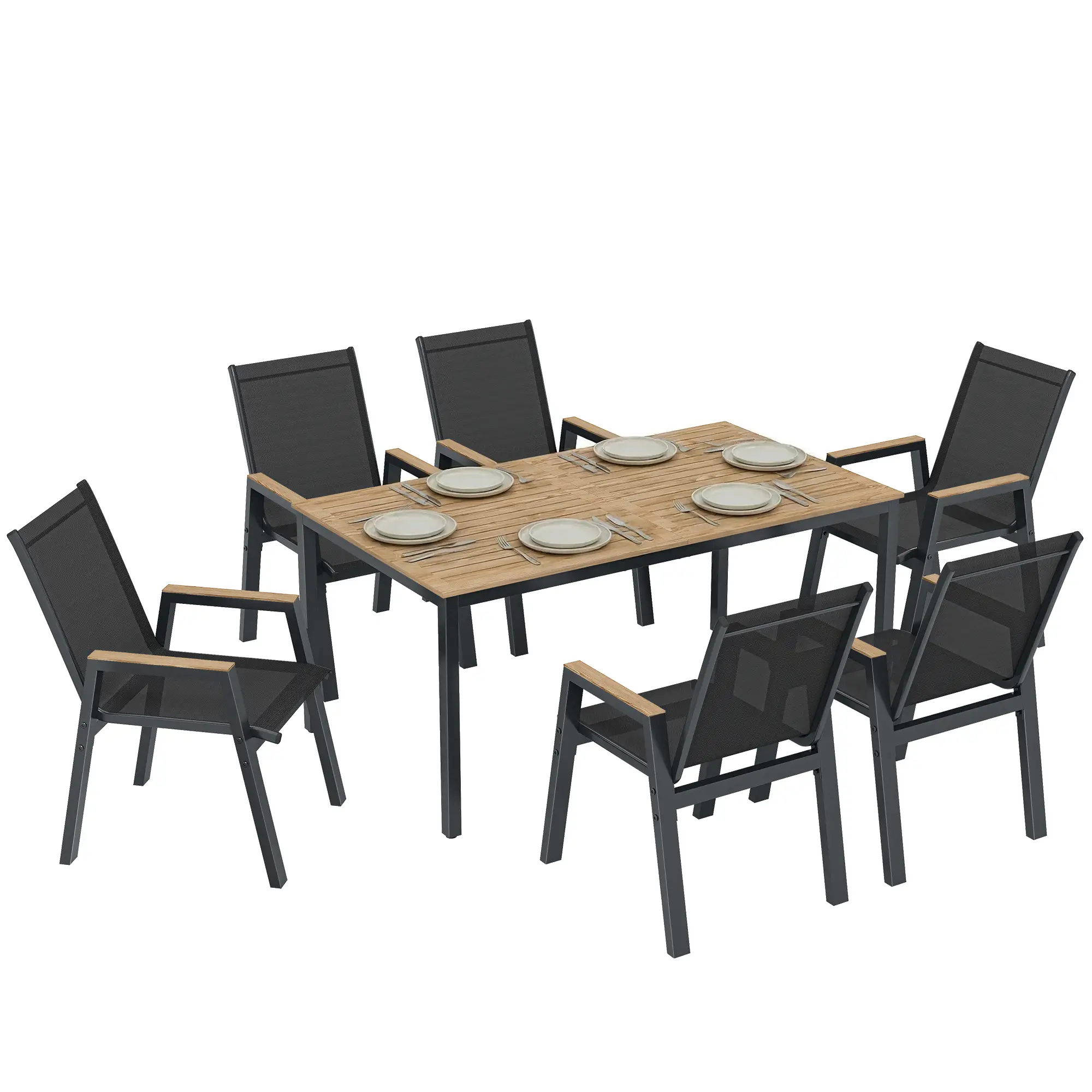 7 Piece Outdoor Dining Set, Rectangle Patio Table, 6 Mesh Chairs - Image 11