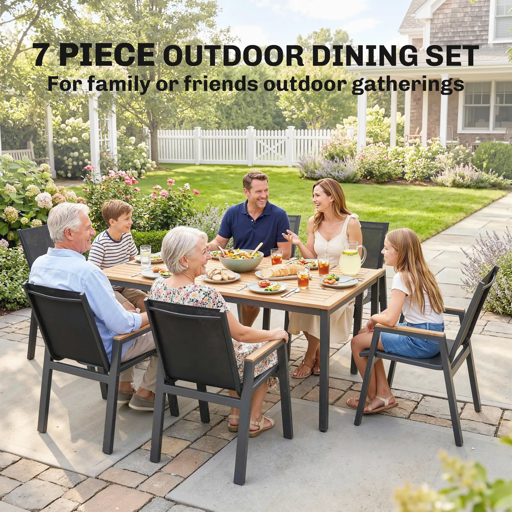 7 Piece Outdoor Dining Set, Rectangle Patio Table, 6 Mesh Chairs - Image 4