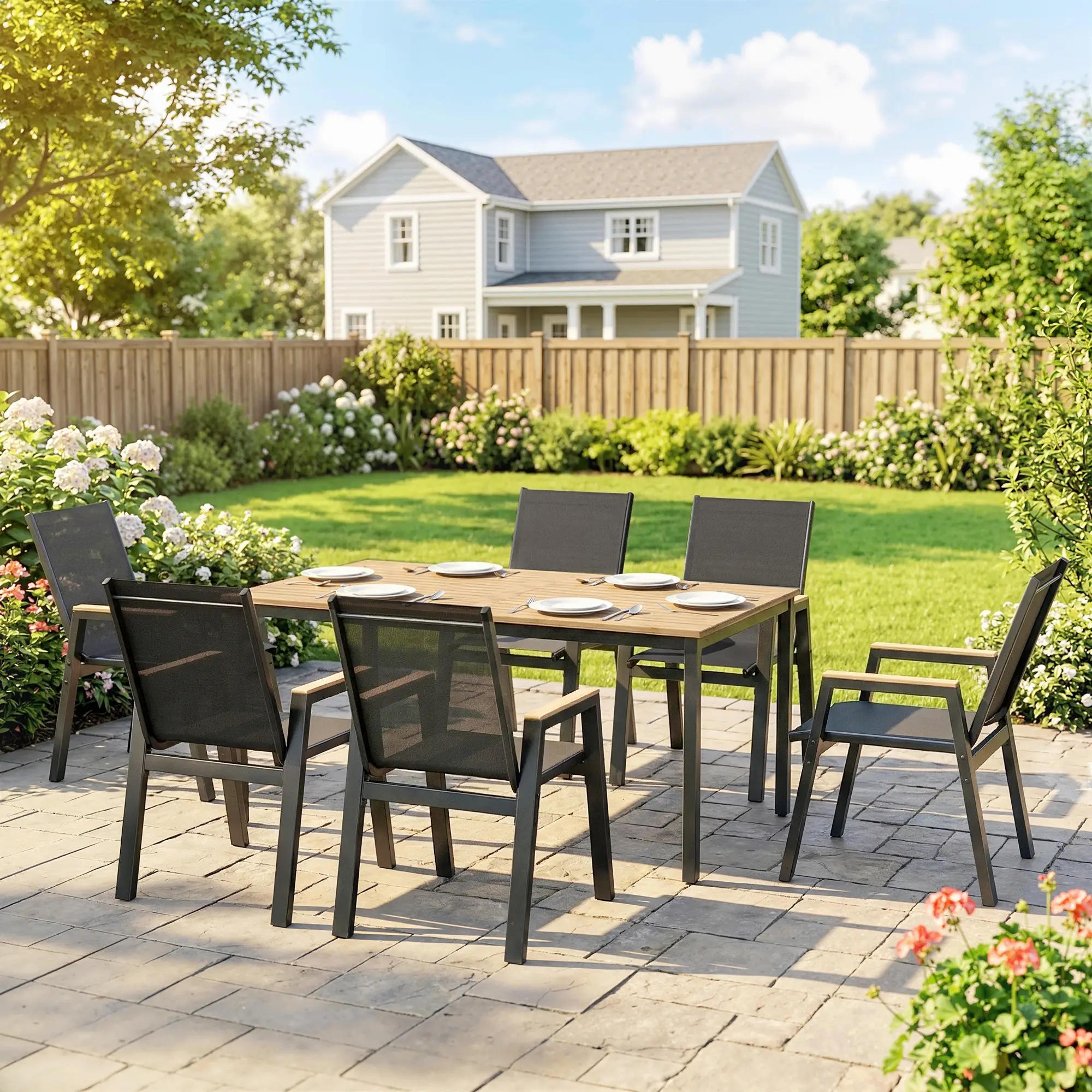 7 Piece Outdoor Dining Set, Rectangle Patio Table, 6 Mesh Chairs - Image 8